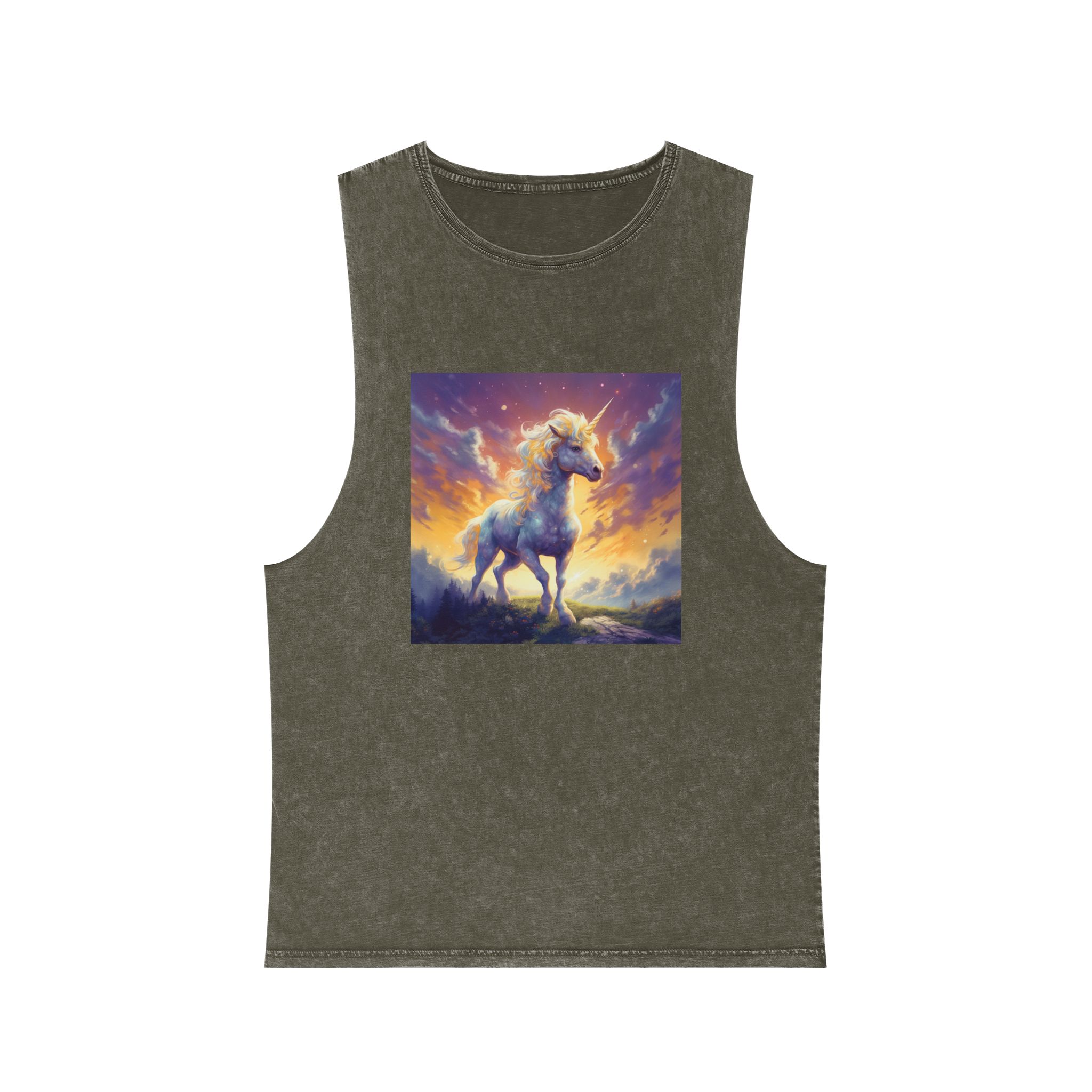 Painting Unicorn Standing Hill With Sunset Background Generative Ai Unisex Stonewash Tank Top - Image 5