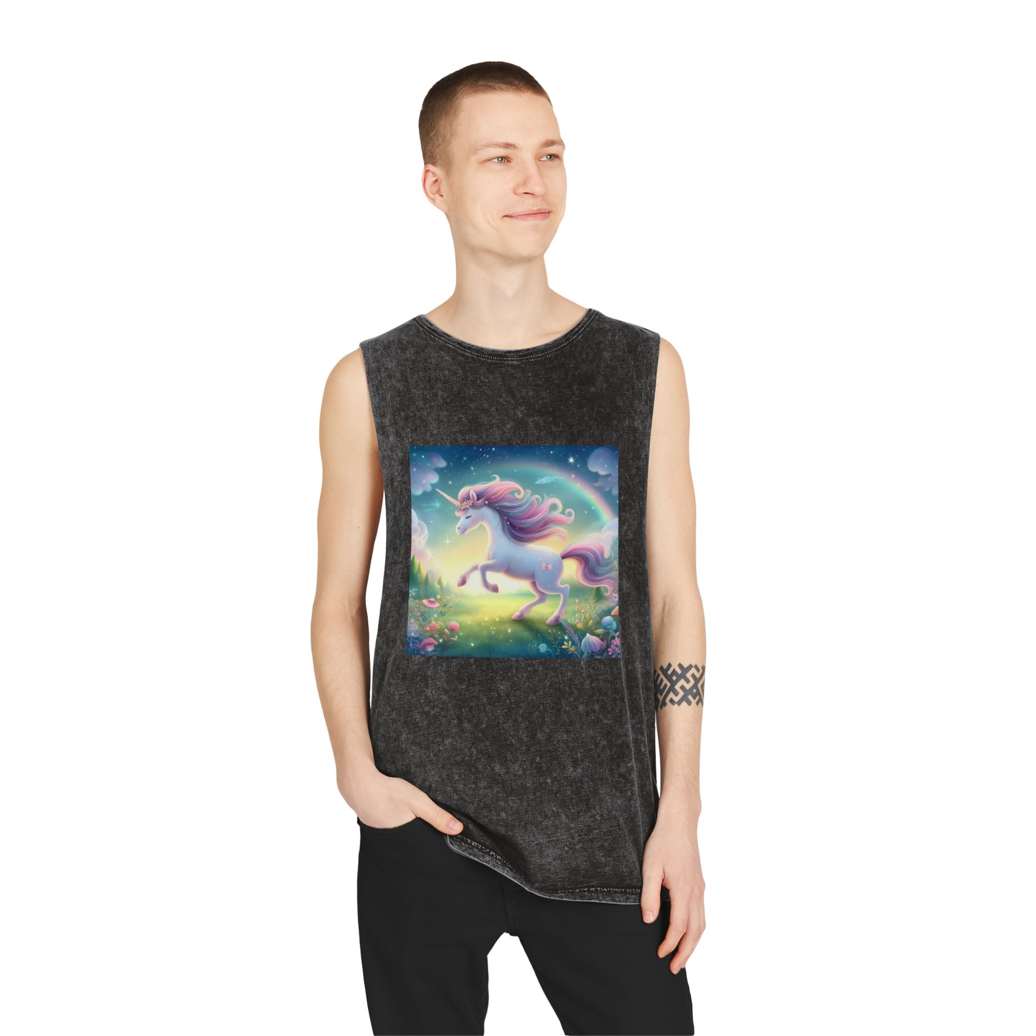Beautiful Unicorn Running Magical Meadow Unicorn Background Images Whimsical Unicorn (21) Unisex Stonewash Tank Top - Image 3