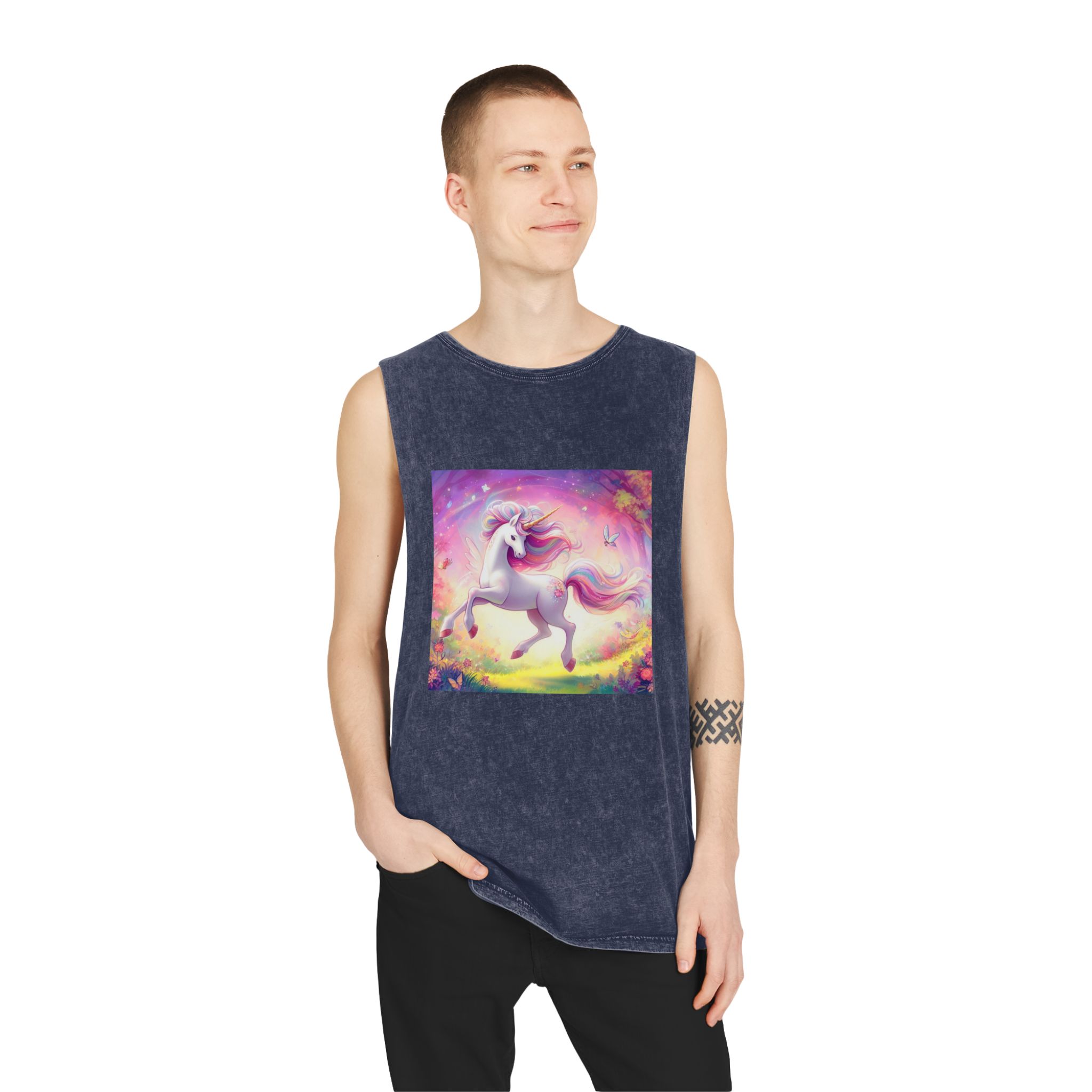 Beautiful Unicorn Running Magical Meadow Unicorn Background Images Whimsical Unicorn (2) Unisex Stonewash Tank Top - Image 15