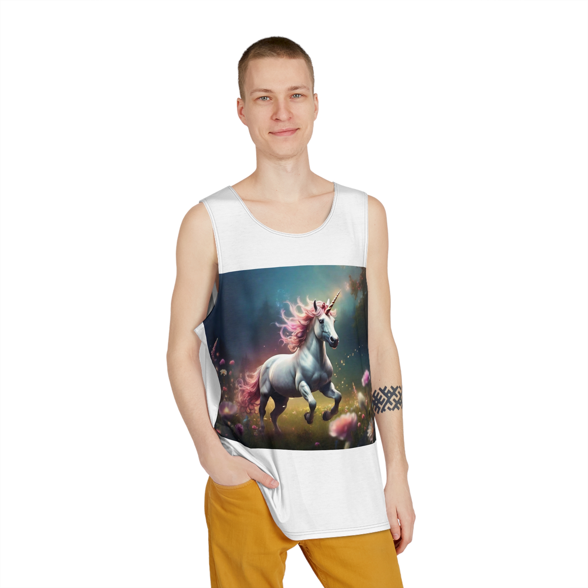 Beautiful Unicorn Running Magical Meadow Unicorn Background Images Whimsical Unicorn (22) Mens Tank Aop - Image 3