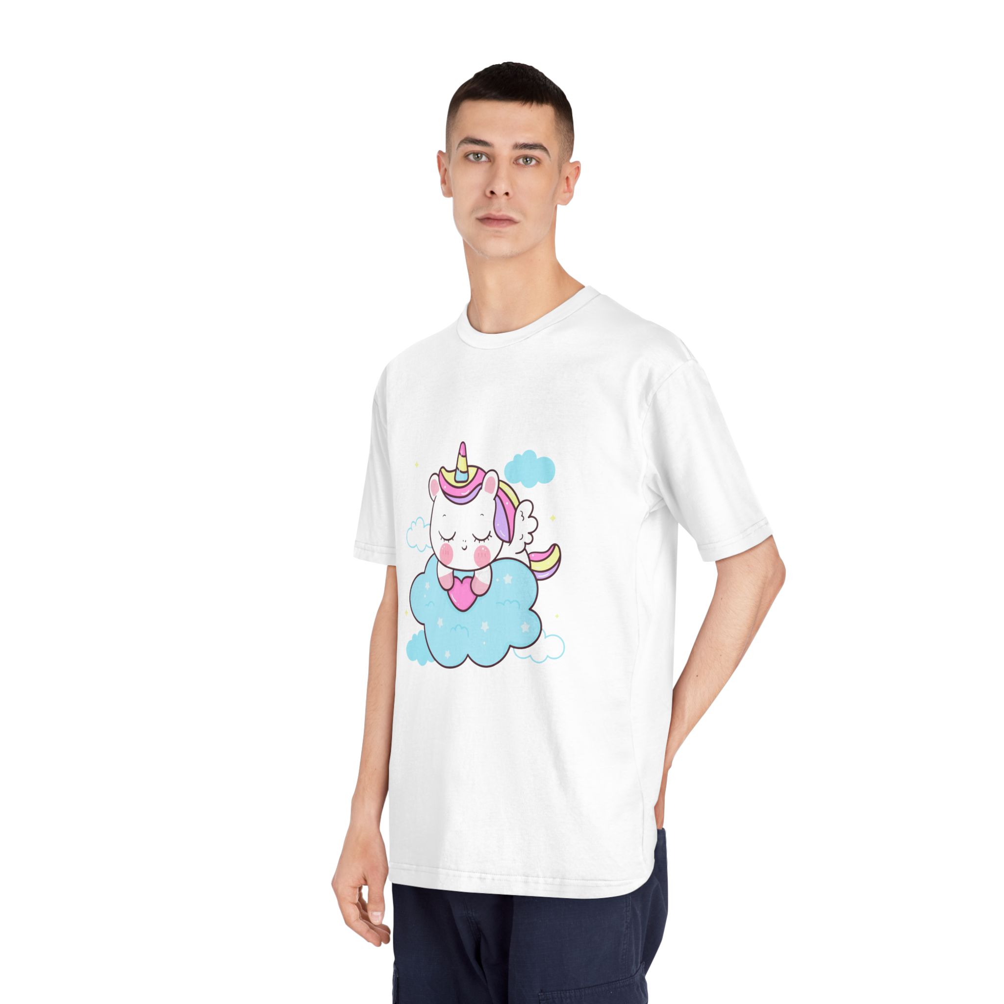 Cute Unicorn Pegasus Cartoon Sleep Holding Heart Cloud Kawaii Animal Unisex Classic Crewneck T Shirt - Image 4