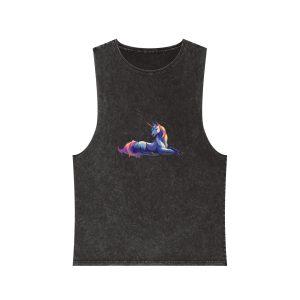 Colorful Unicorn With Unique Hairstyle Horn Sitting Vector Illustration(1) Unisex Stonewash Tank Top