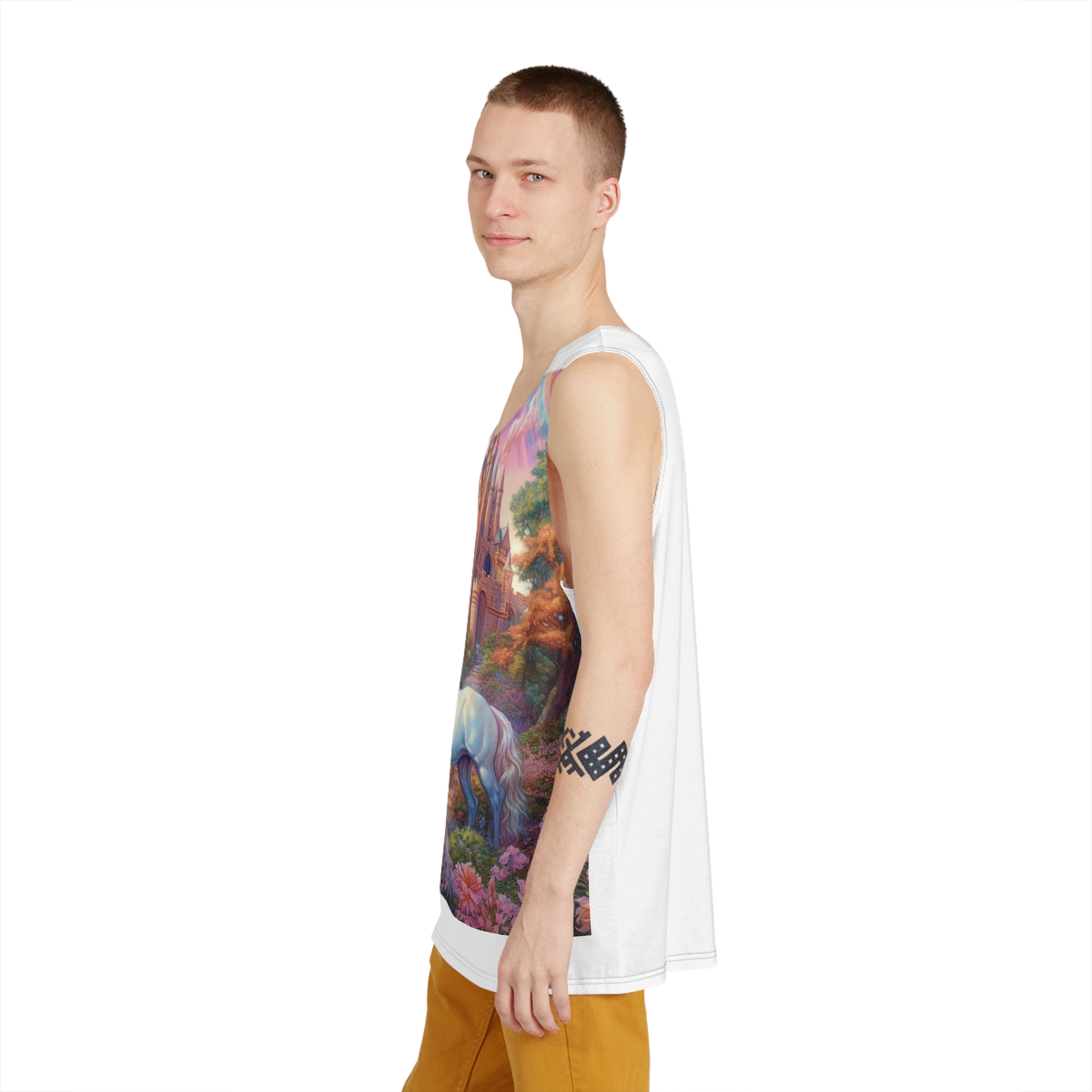 Painting Unicorn Front Castle With Rainbow Generative Ai Mens Tank Aop