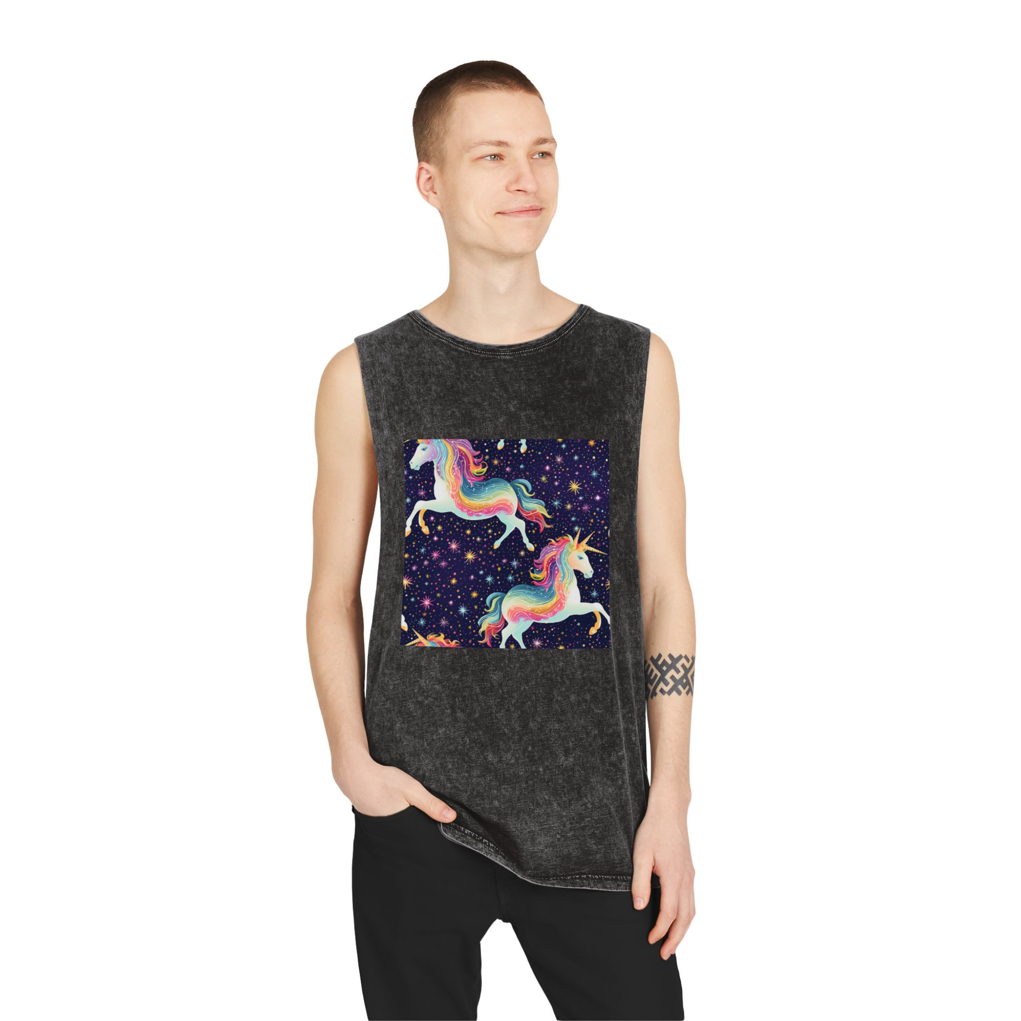 Seamless Pattern With Unicorns Stars Dark Background Generative Ai Unisex Stonewash Tank Top - Image 3