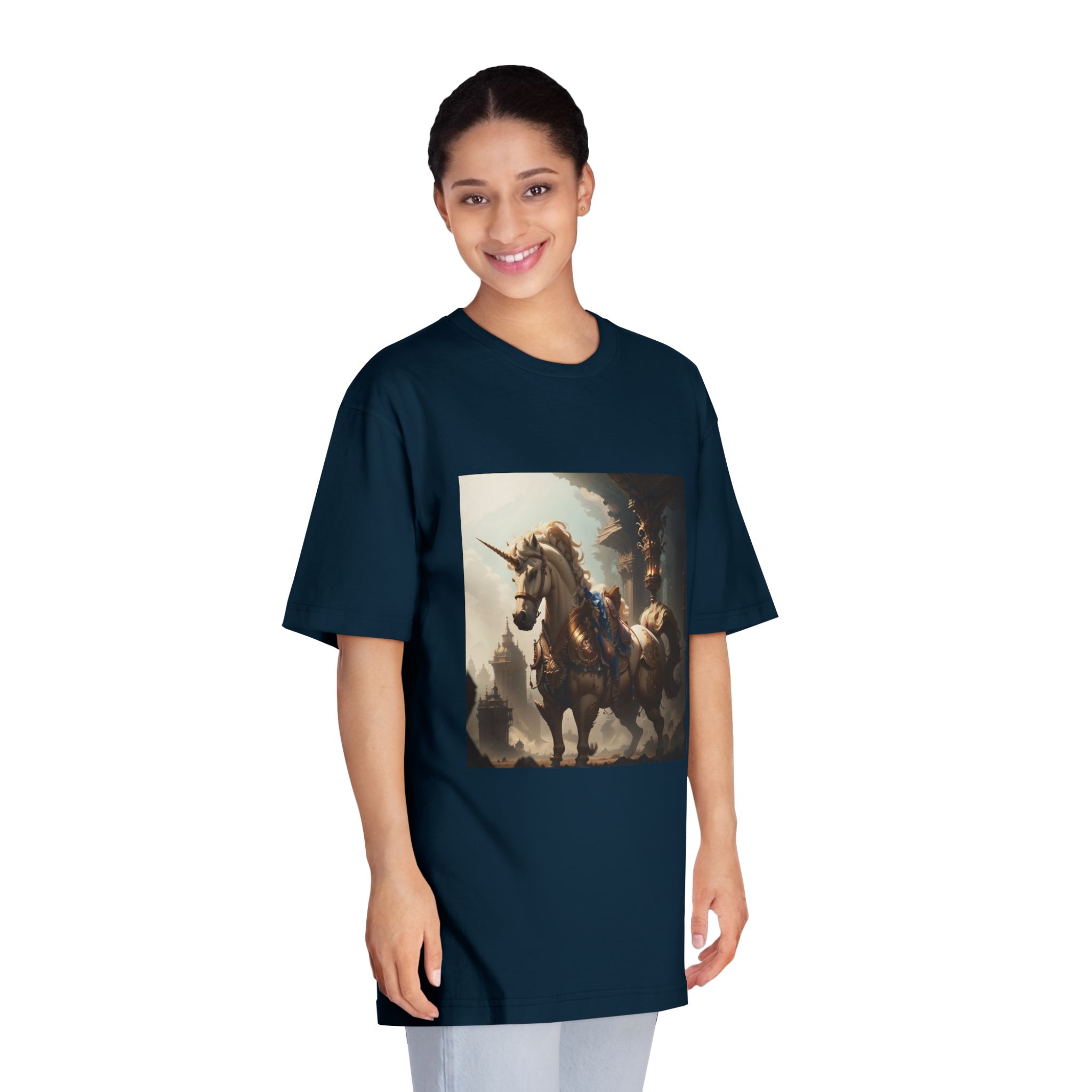 Unicorn With Sword Its Back Is Standing Front Building Unisex Classic Crewneck T Shirt - Image 19