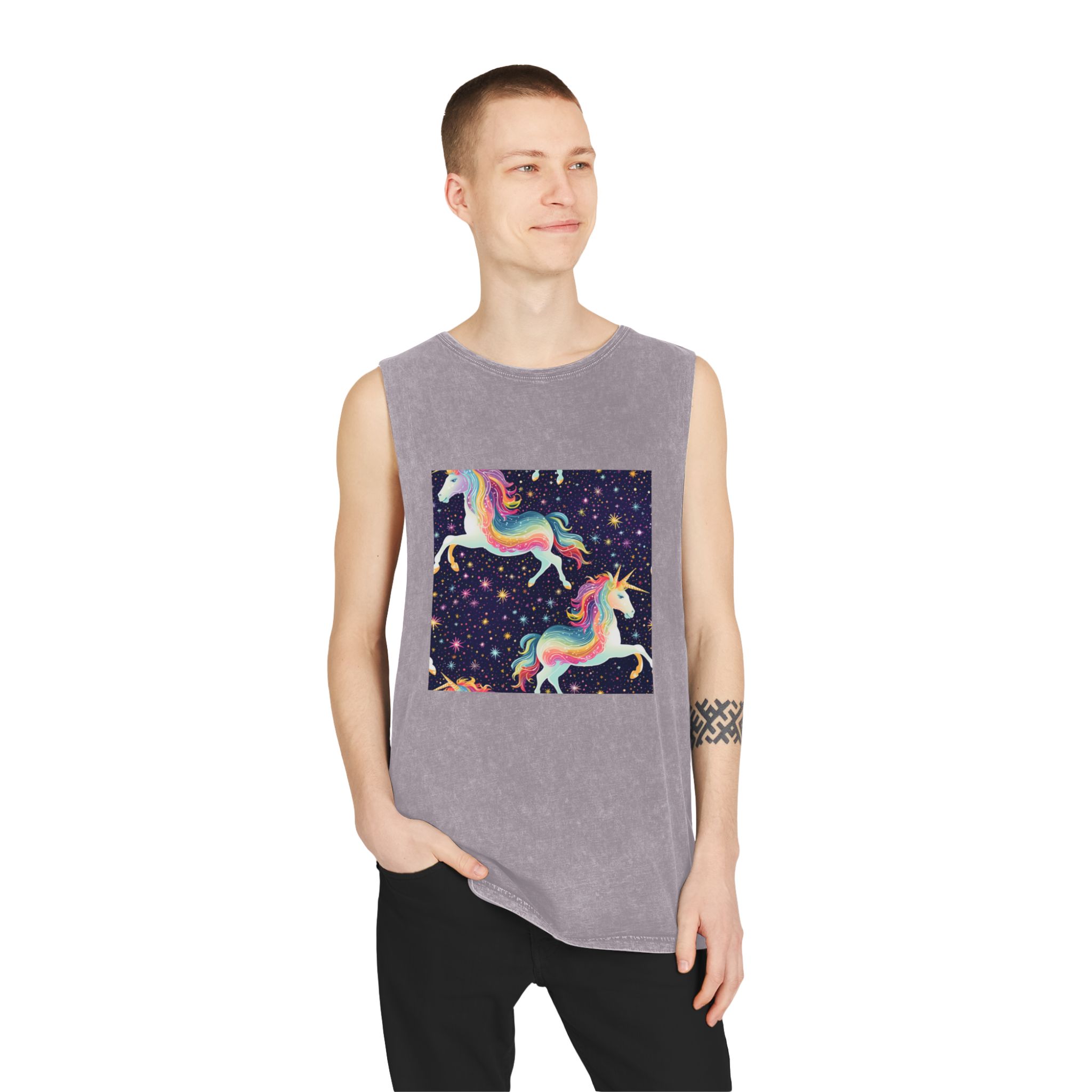 Seamless Pattern With Unicorns Stars Dark Background Generative Ai Unisex Stonewash Tank Top - Image 19