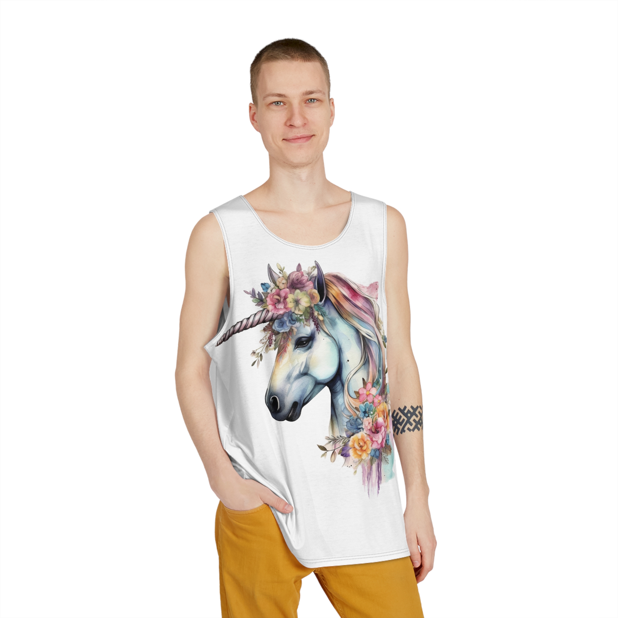 Unicorn With Flower Crown His Head Mens Tank Aop - Image 3
