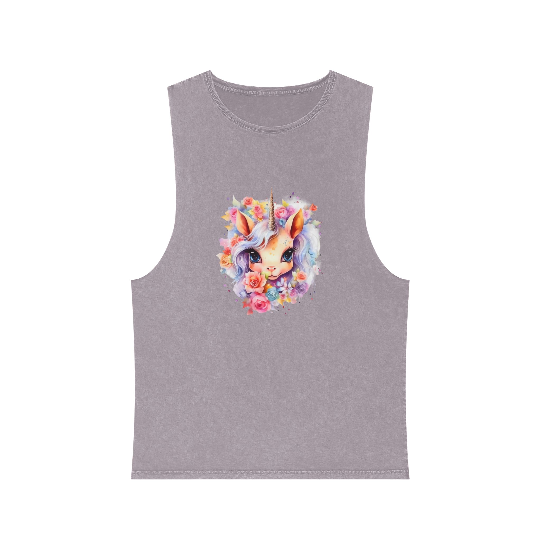 Cute Colorful Magic Unicorn With Flowers Watercolor Style (7) Unisex Stonewash Tank Top - Image 17