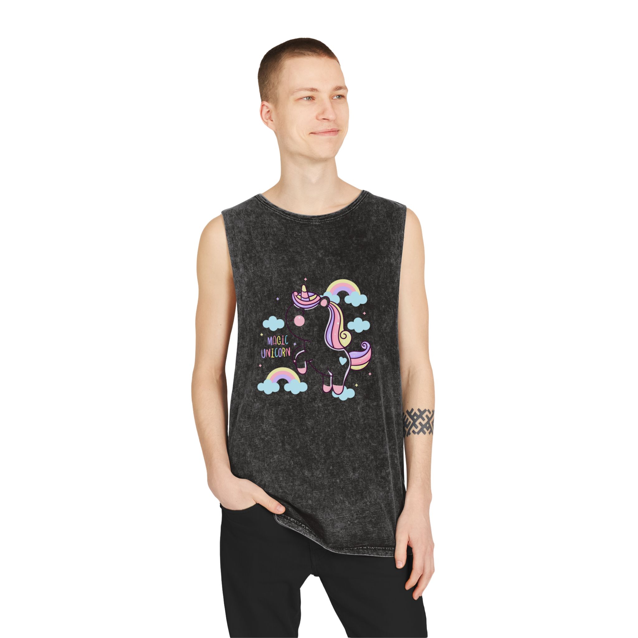 Cute Unicorn Cartoon Magic Rainbow Kawaii Pony Unisex Stonewash Tank Top - Image 3