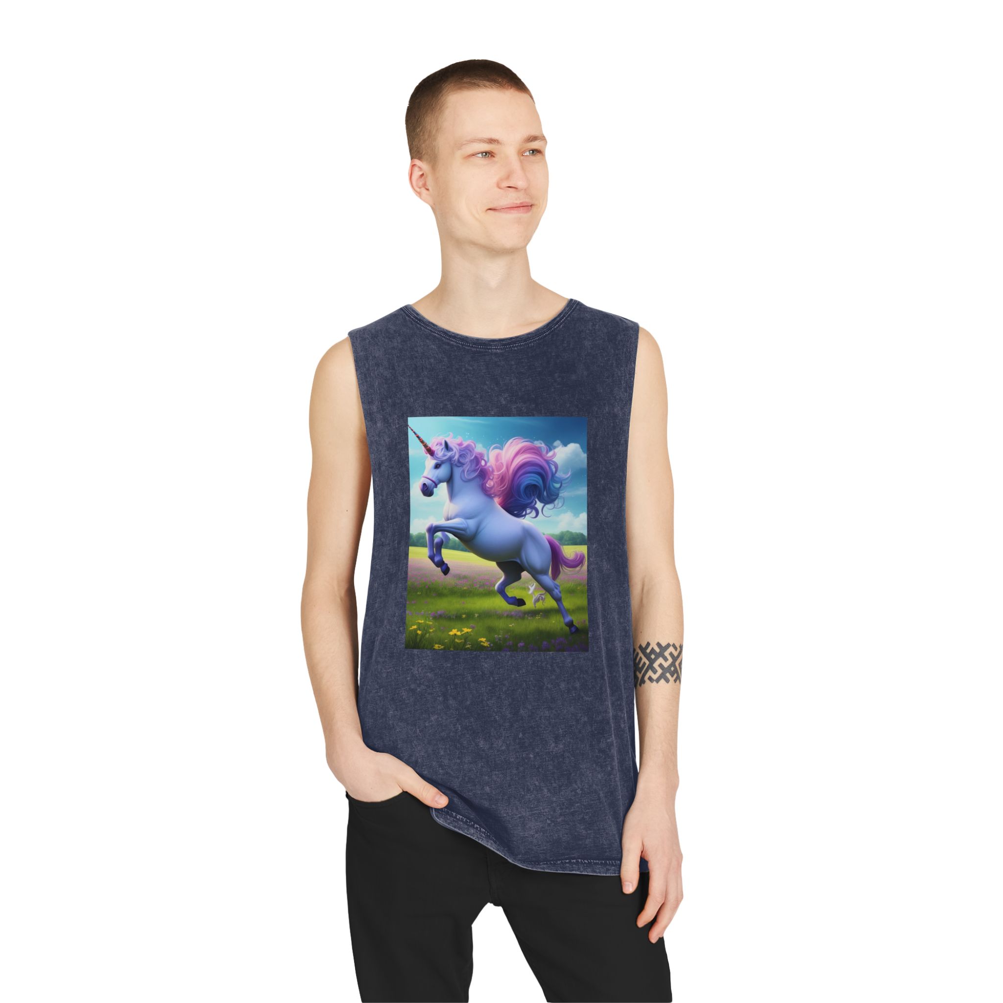 Beautiful Unicorn Running Magical Meadow Unicorn Background Images Whimsical Unicorn (37) Unisex Stonewash Tank Top - Image 15