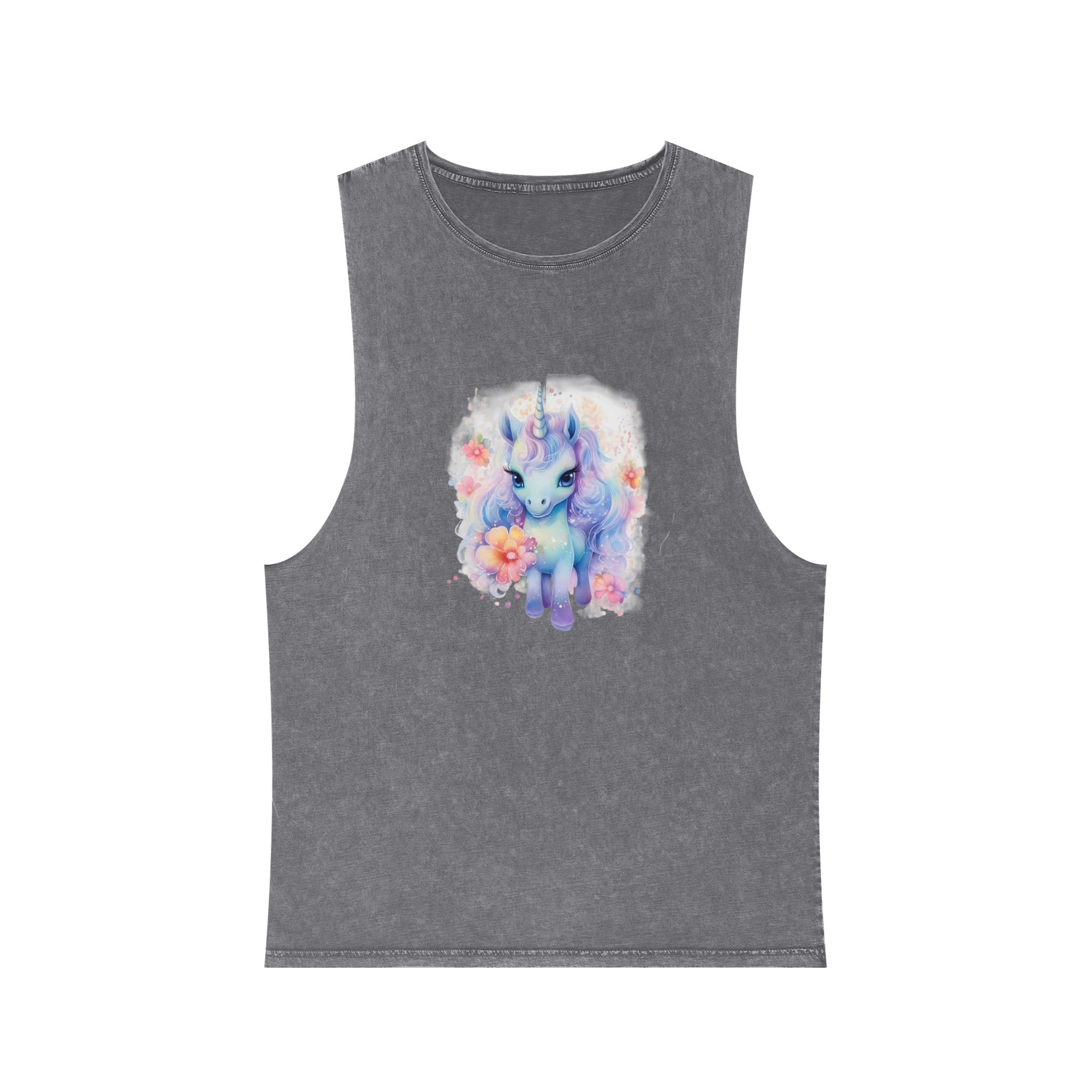Cute Colorful Magic Unicorn With Flowers Watercolor Style Copia Unisex Stonewash Tank Top - Image 9