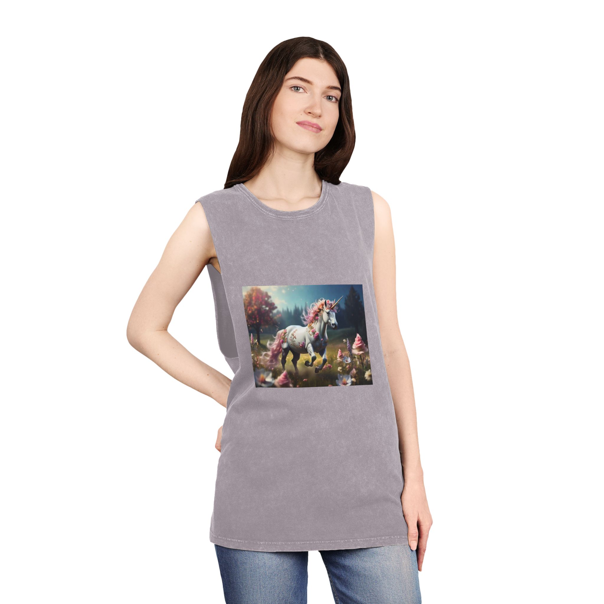 Beautiful Unicorn Running Magical Meadow Unicorn Background Images Whimsical Unicorn (27) Unisex Stonewash Tank Top - Image 20