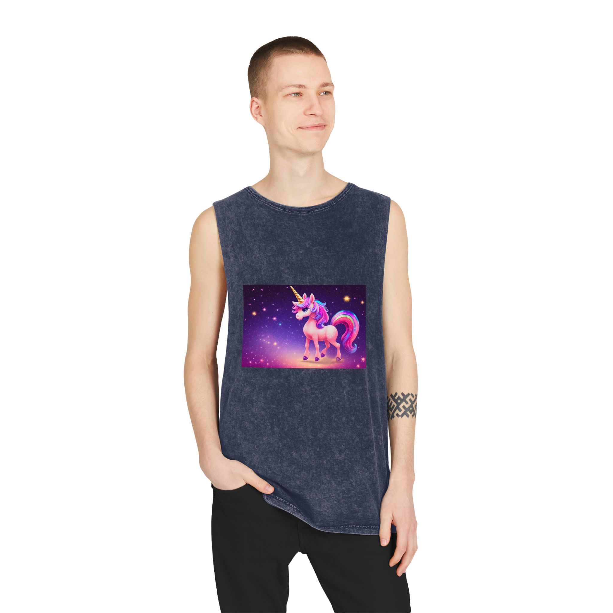 Cute Colorful Magical Adorable Kawaii Unicorn Sparles Violet Background Unisex Stonewash Tank Top - Image 15