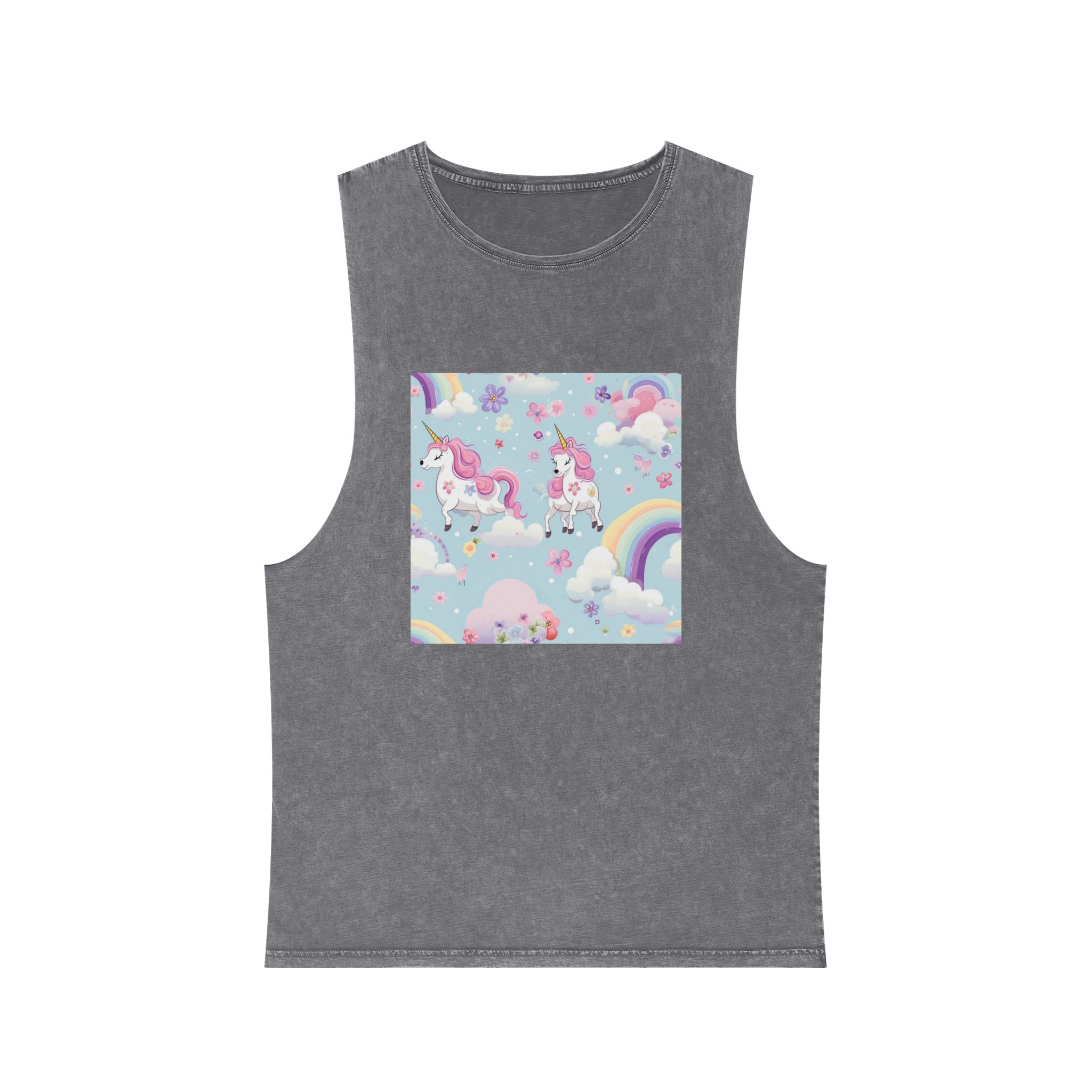 Playful Unicorns Among Flowers Clouds Rainbows Ice Creams Pastel Background Unisex Stonewash Tank Top - Image 9