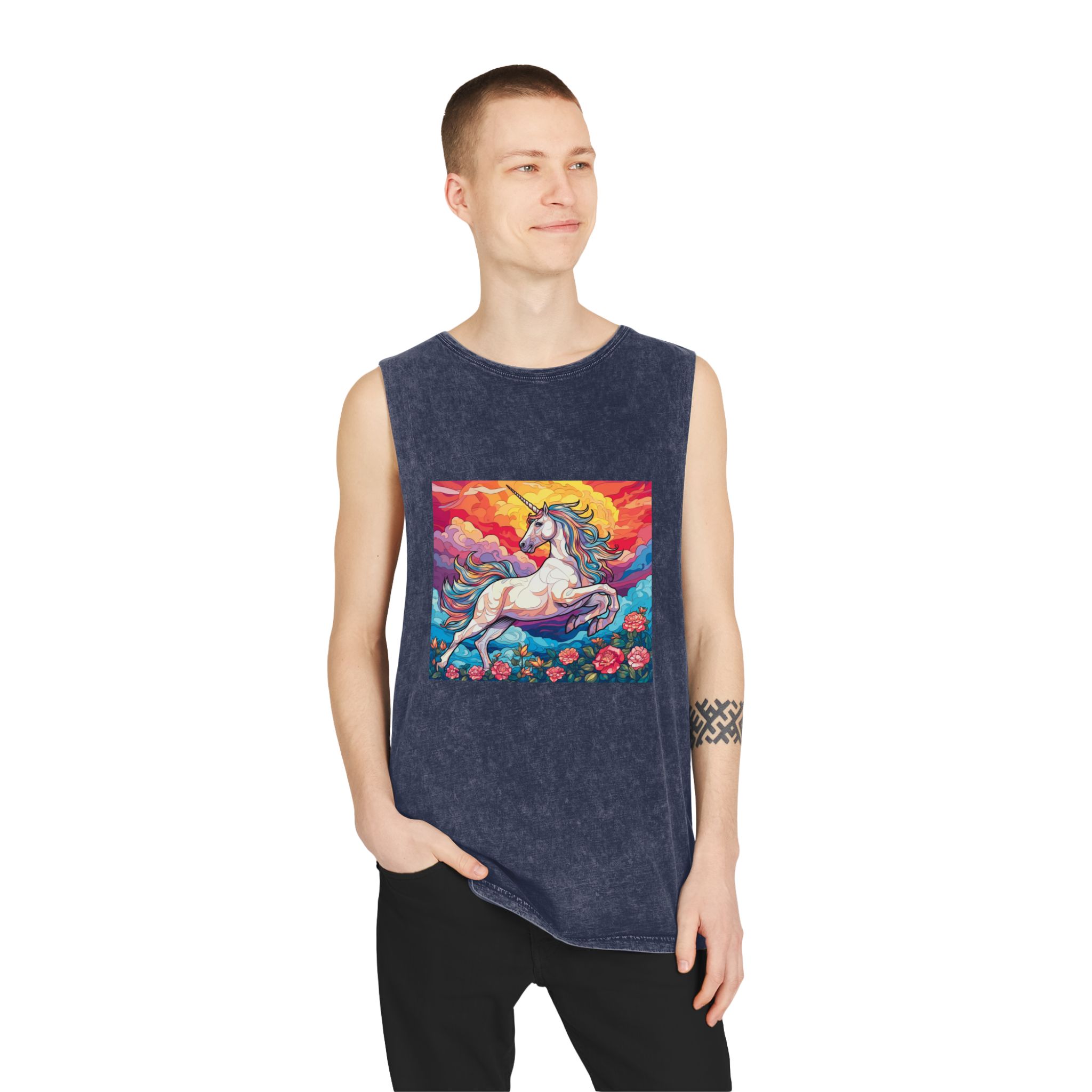 Unicorn Sky With Flowers Clouds Generative Ai Unisex Stonewash Tank Top - Image 15