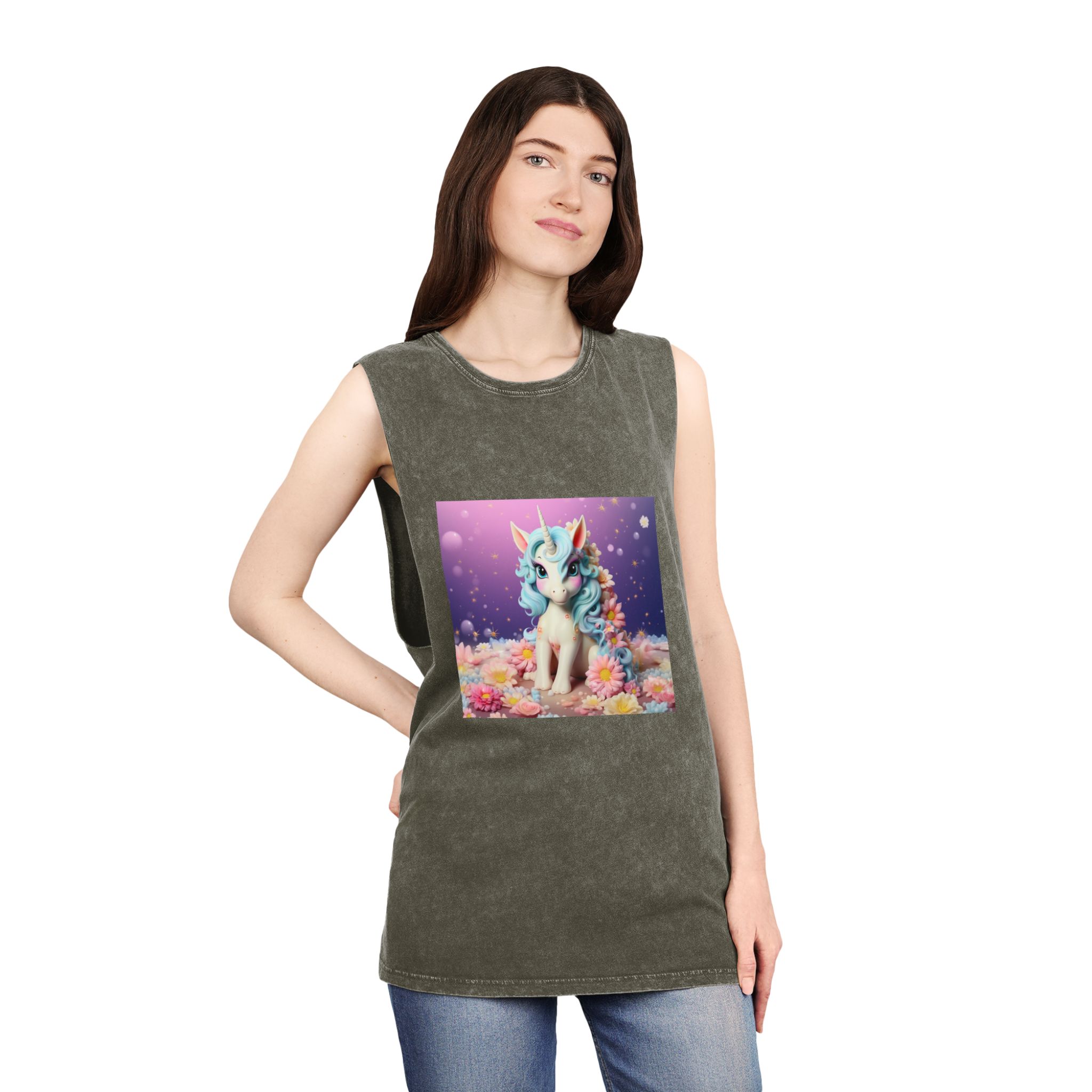 There Is White Unicorn With Blue Hair Flowers Table Generative Ai Unisex Stonewash Tank Top - Image 8