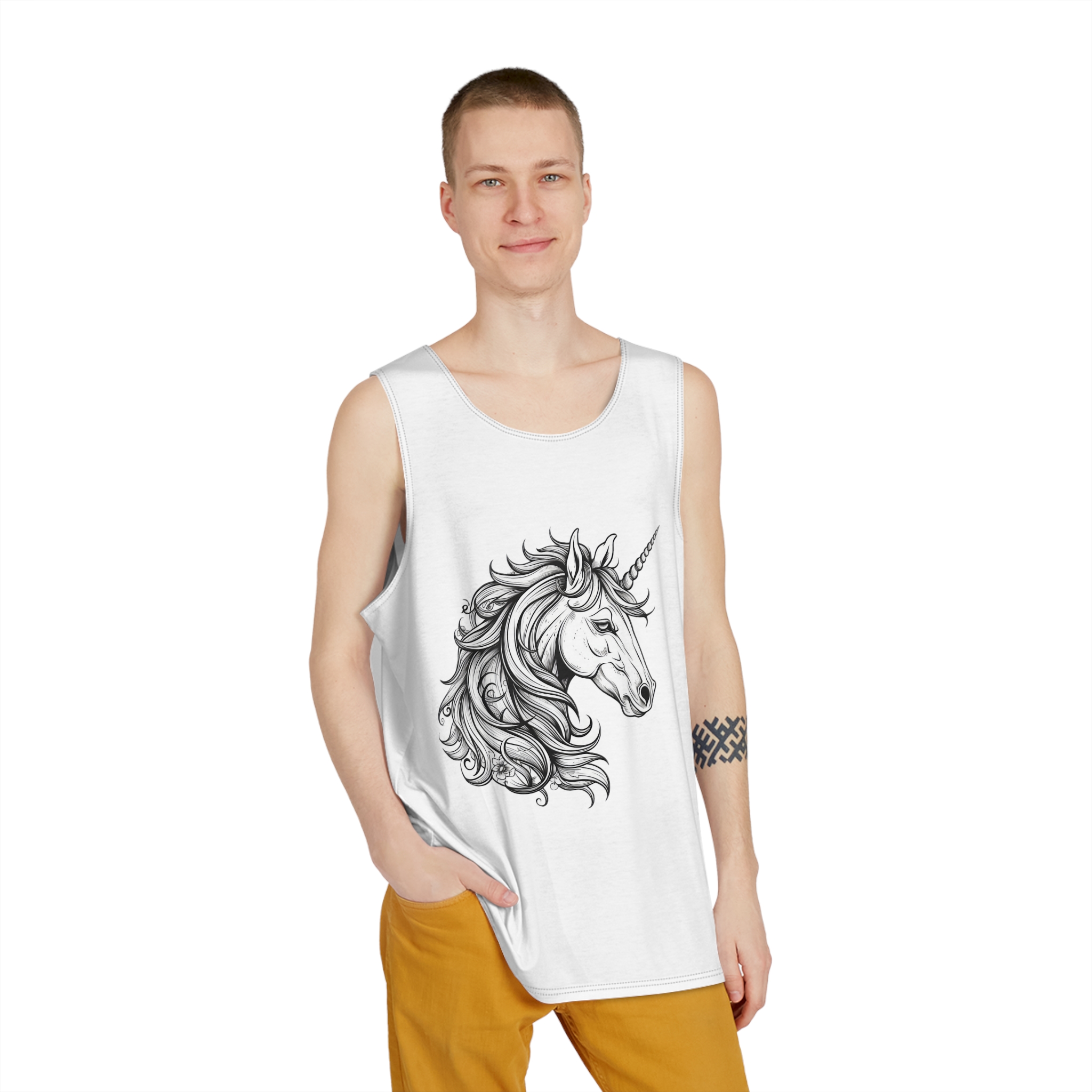 Cute Unicorn Animation Line Drawing Black White Create Greeting Cards Coloring Books Po Copy Mens Tank Aop - Image 3