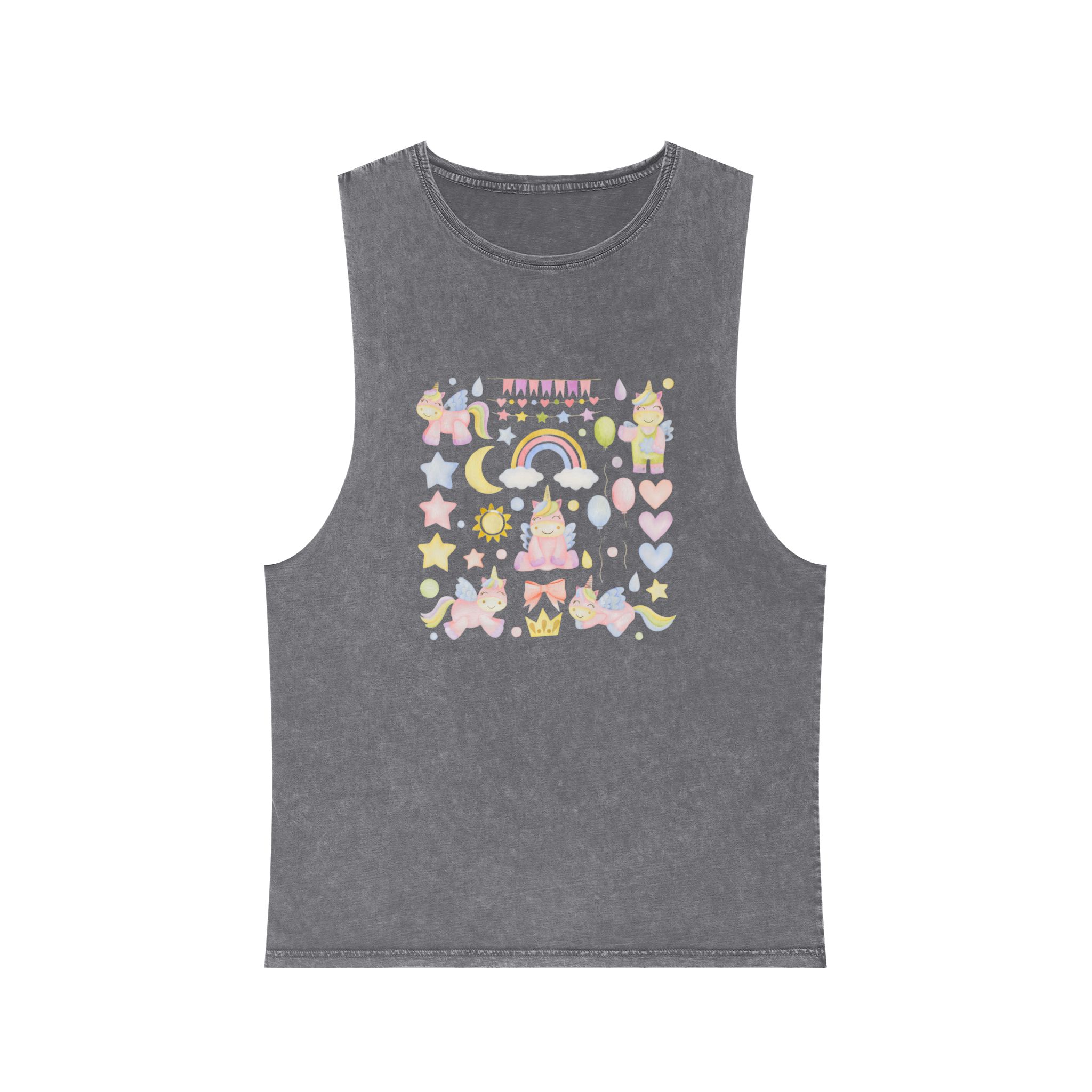 Set Watercolor Illustrations Unicorns Happy Birthday Stickers Unisex Stonewash Tank Top - Image 9
