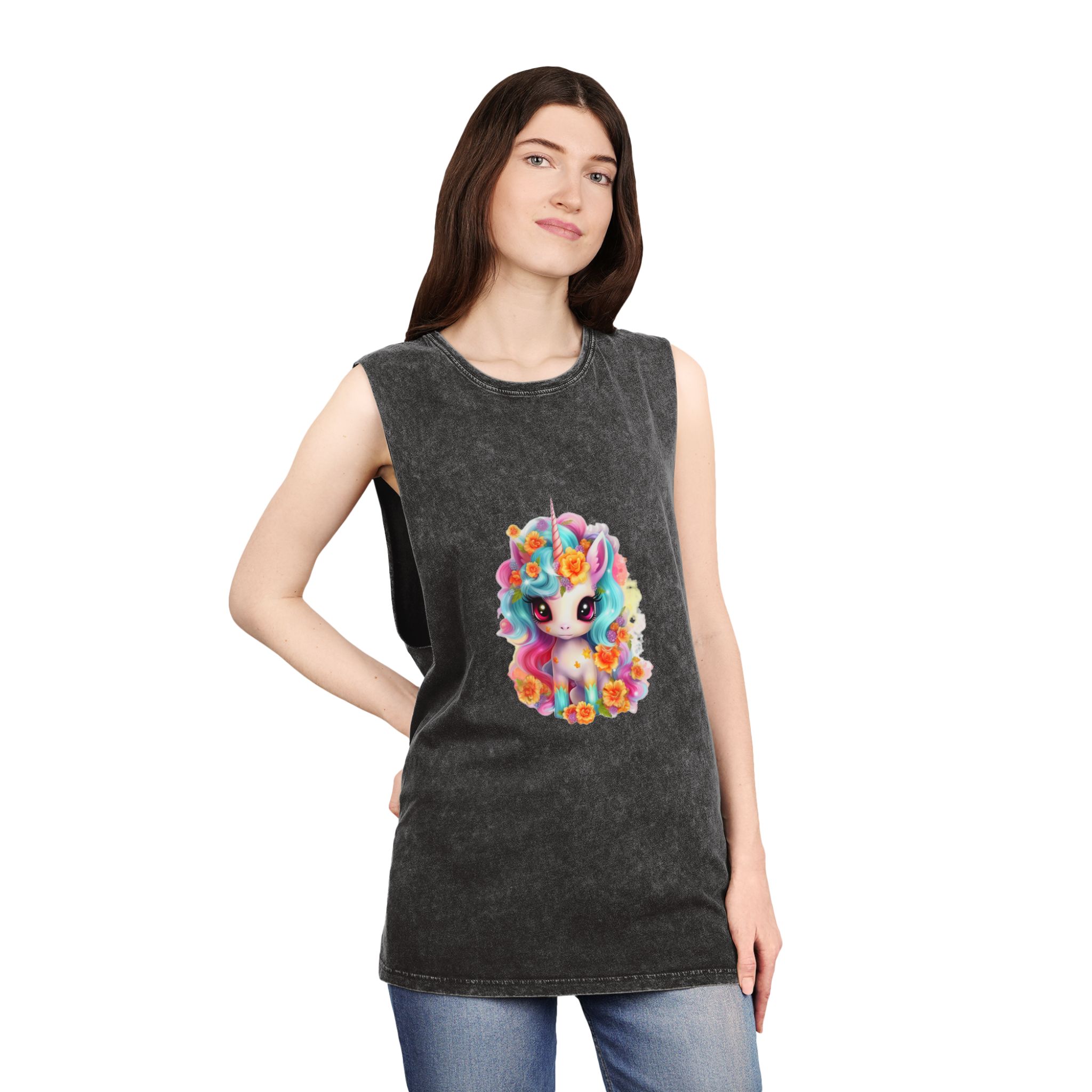 Illustration Unicorn Cartoon With Flower White Background Generative Ai (2) Unisex Stonewash Tank Top - Image 4
