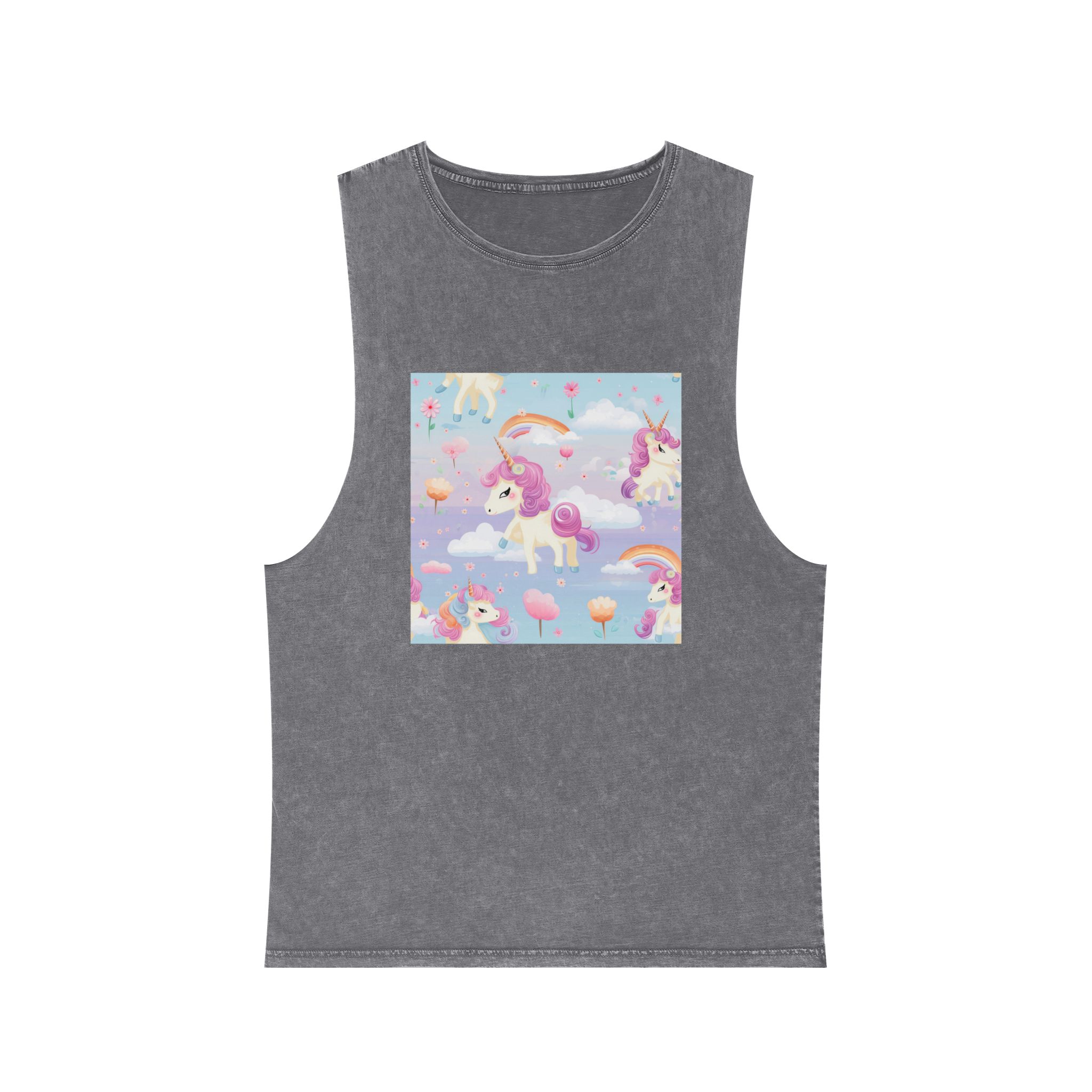 Playful Unicorns Flowers Clouds Rainbows Ice Creams Pastel Background (5) Unisex Stonewash Tank Top - Image 9