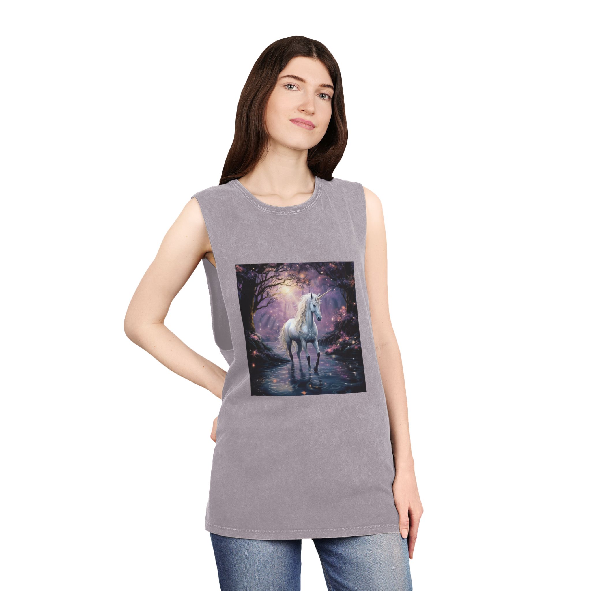 Unicorn Forest With Stream Water Trees Generative Ai Unisex Stonewash Tank Top - Image 20