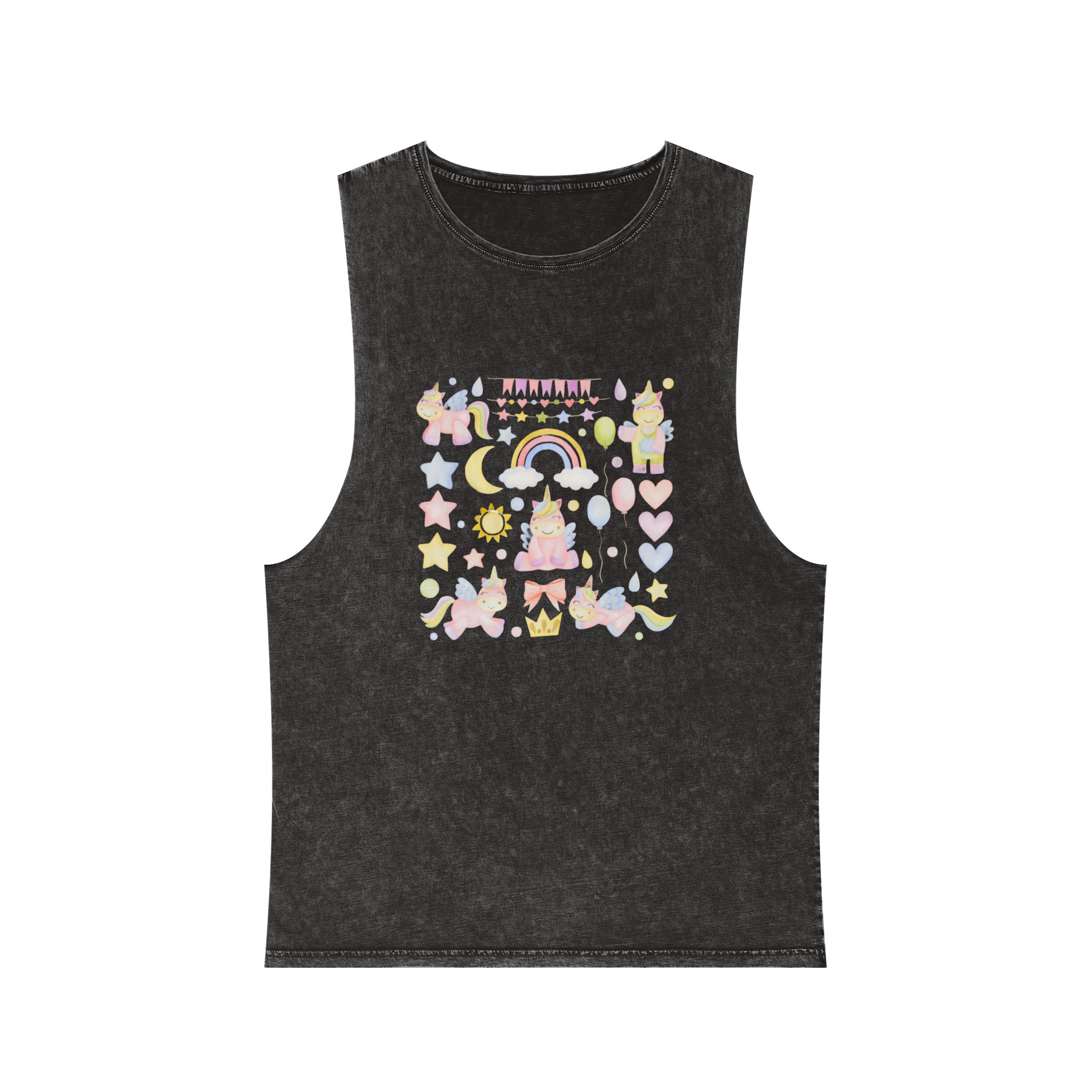 Set Watercolor Illustrations Unicorns Happy Birthday Stickers Unisex Stonewash Tank Top