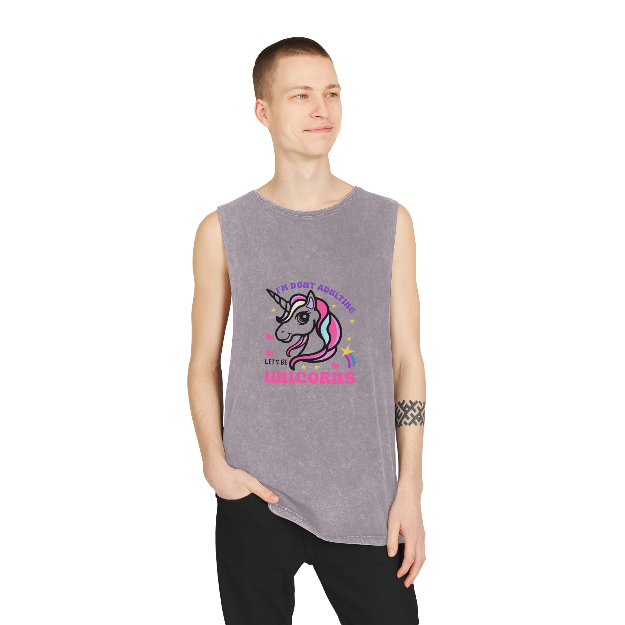 Cute Unicorn Illustration With Rainbow Stars Hearts Unisex Stonewash Tank Top - Image 19