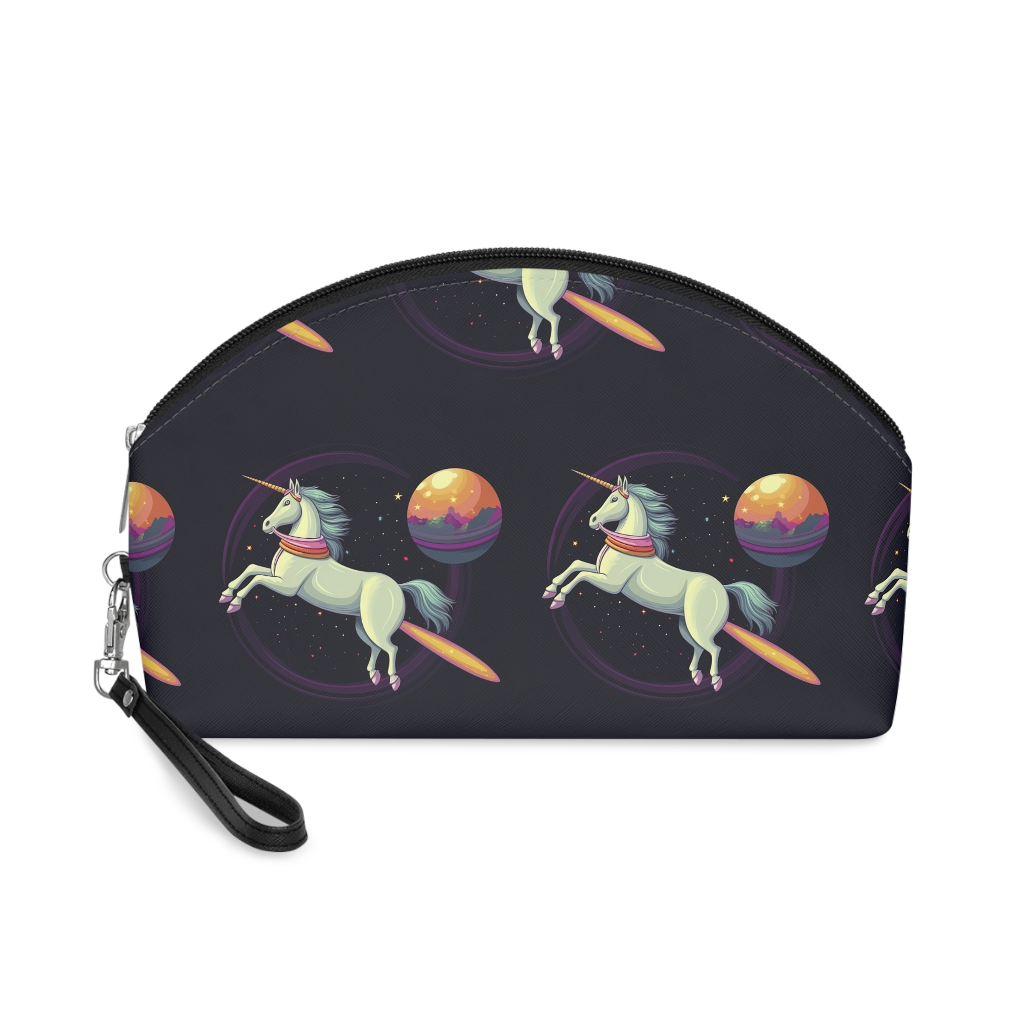 Unicorn With Long Tail Is Flying Through Circle With Moon Stars Makeup Bag