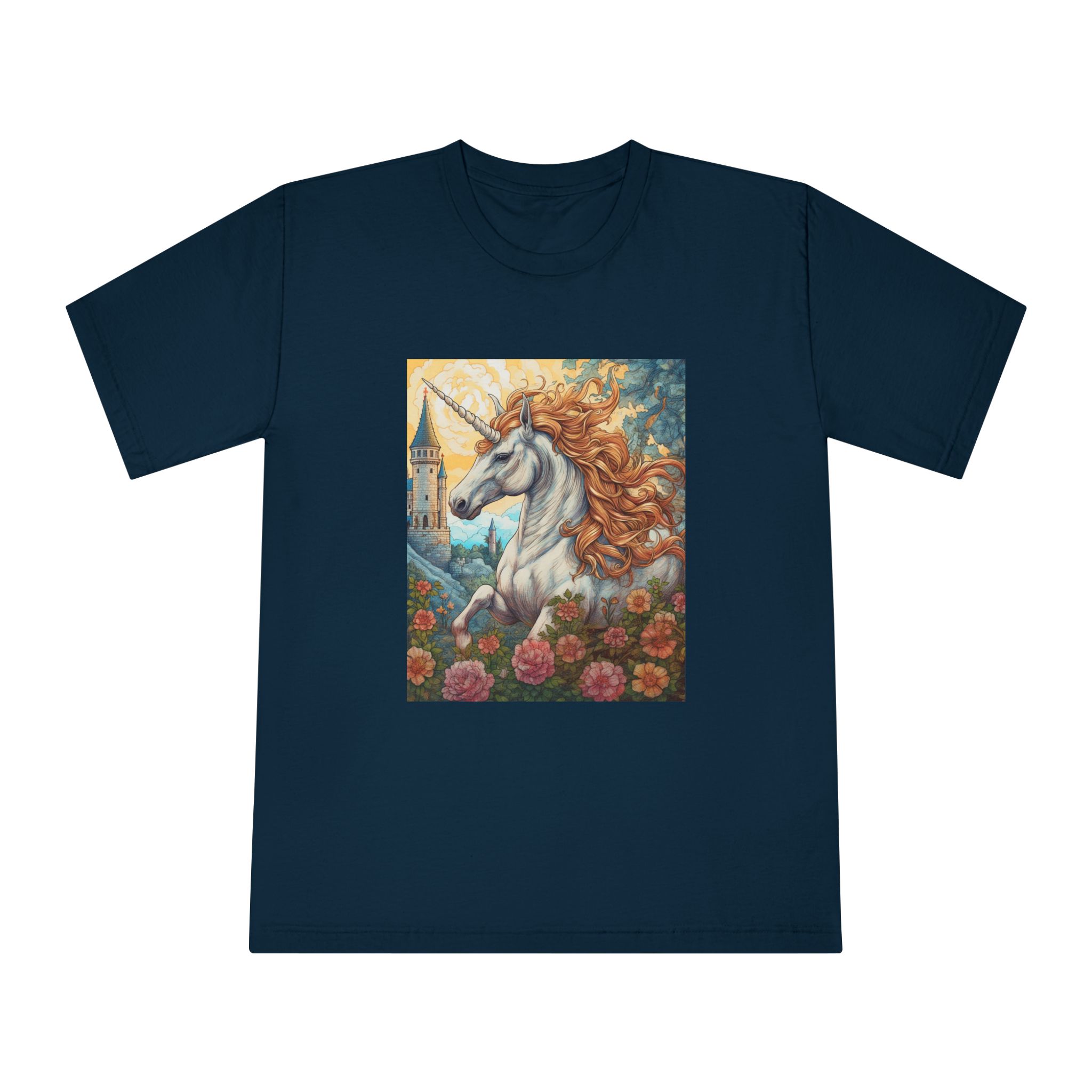 Painting Unicorn With Long Mane Castle Background Generative Ai Unisex Classic Crewneck T Shirt - Image 17
