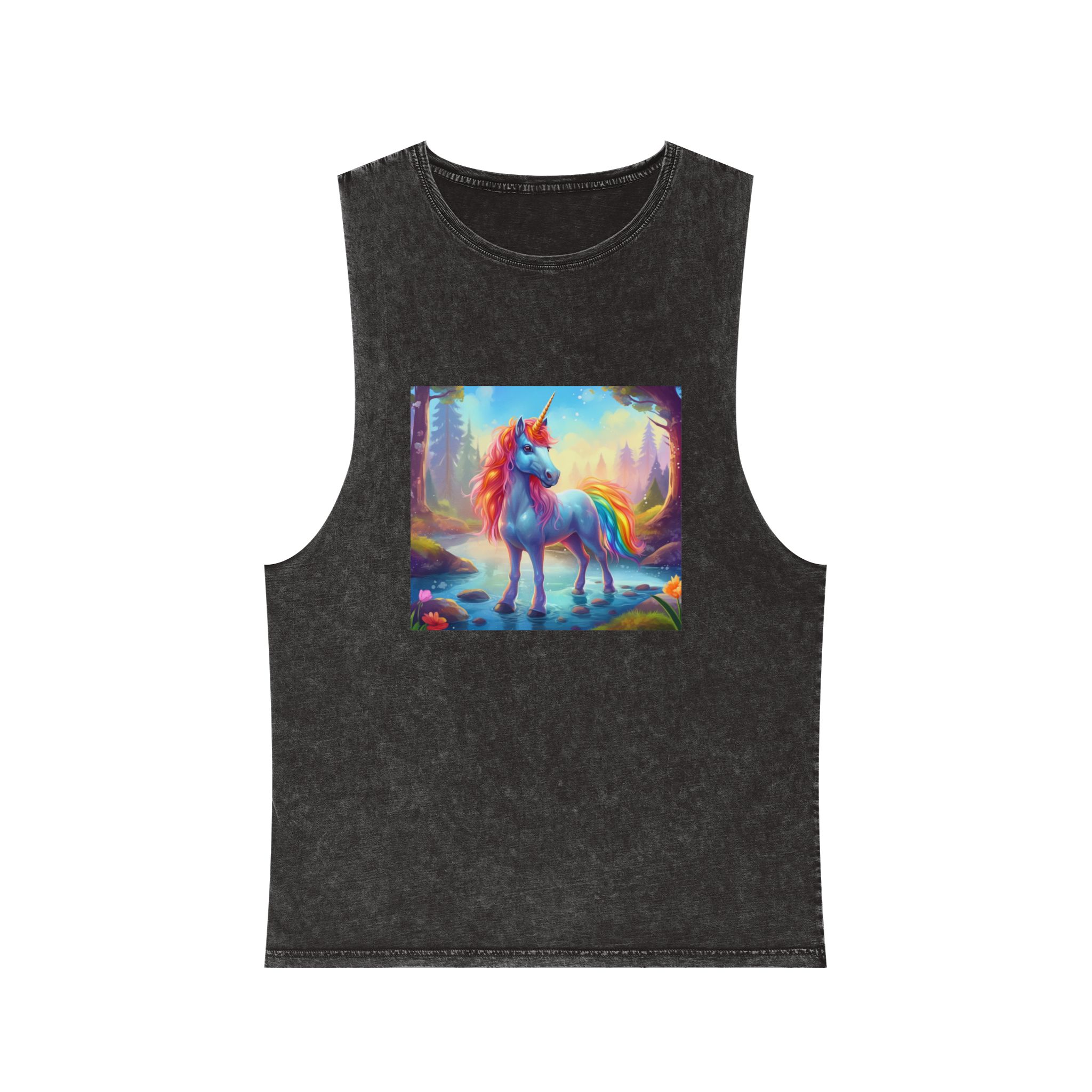 Unicorn Standing Stream Water Forest Generative Ai Unisex Stonewash Tank Top