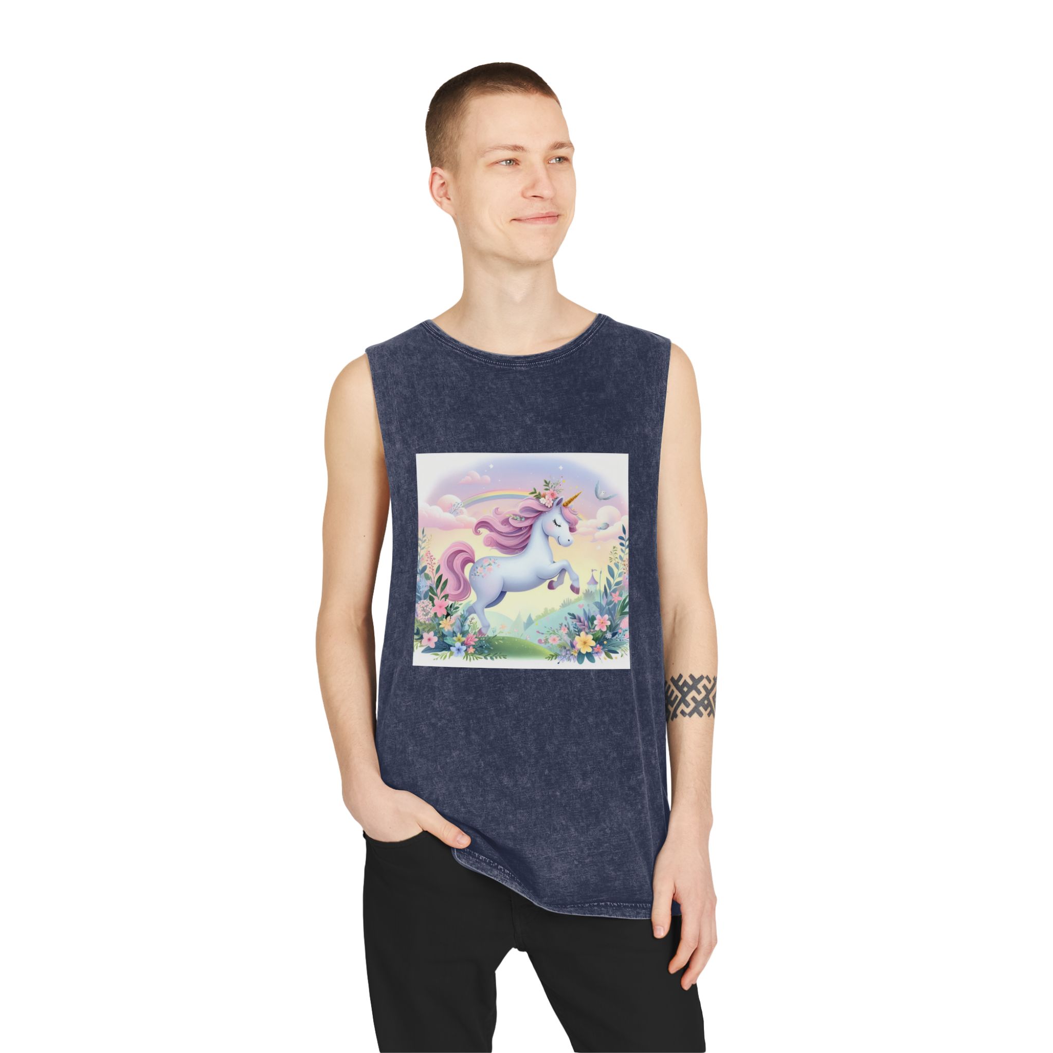 Beautiful Unicorn Running Magical Meadow Unicorn Background Images Whimsical Unicorn (11) Unisex Stonewash Tank Top - Image 15