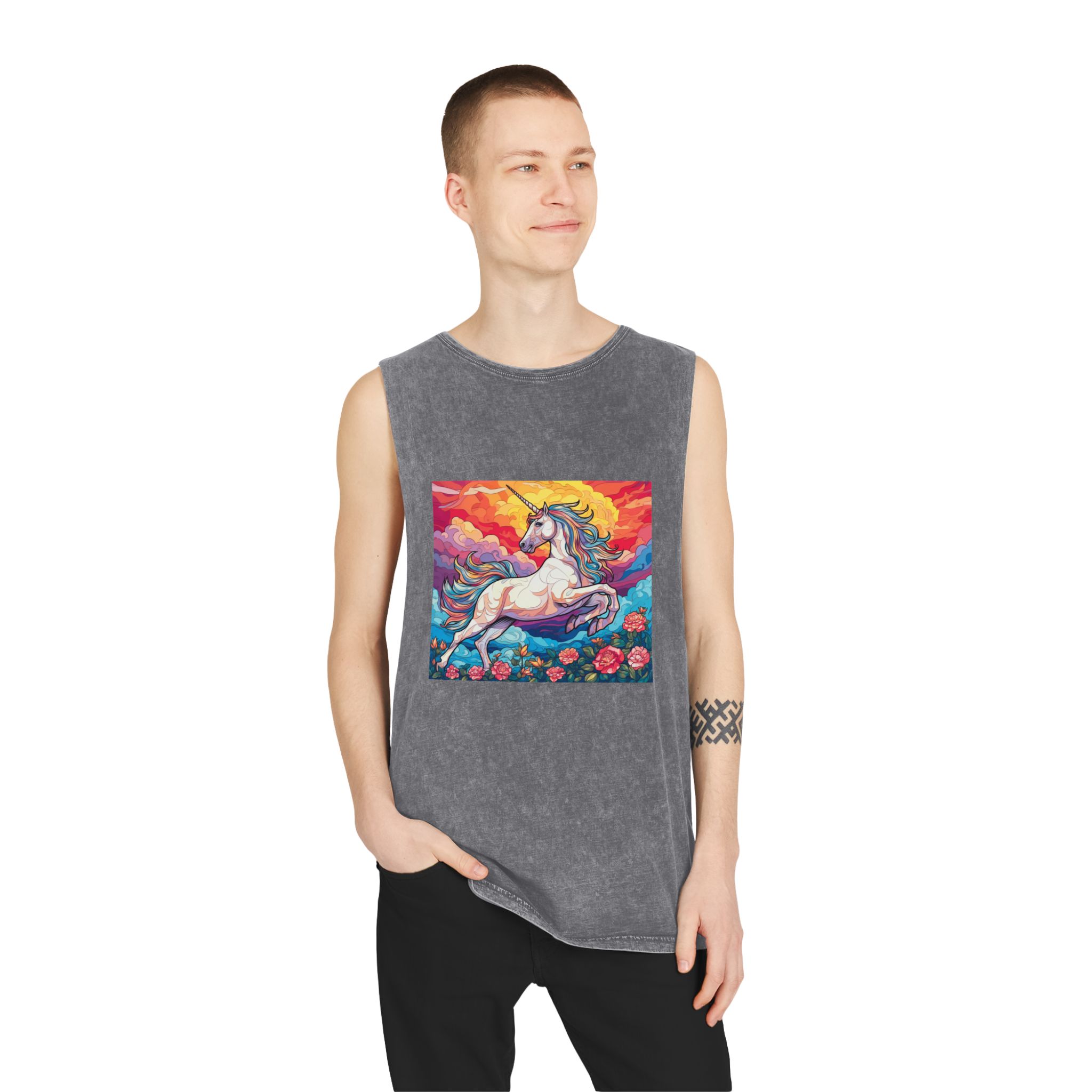 Unicorn Sky With Flowers Clouds Generative Ai Unisex Stonewash Tank Top - Image 11