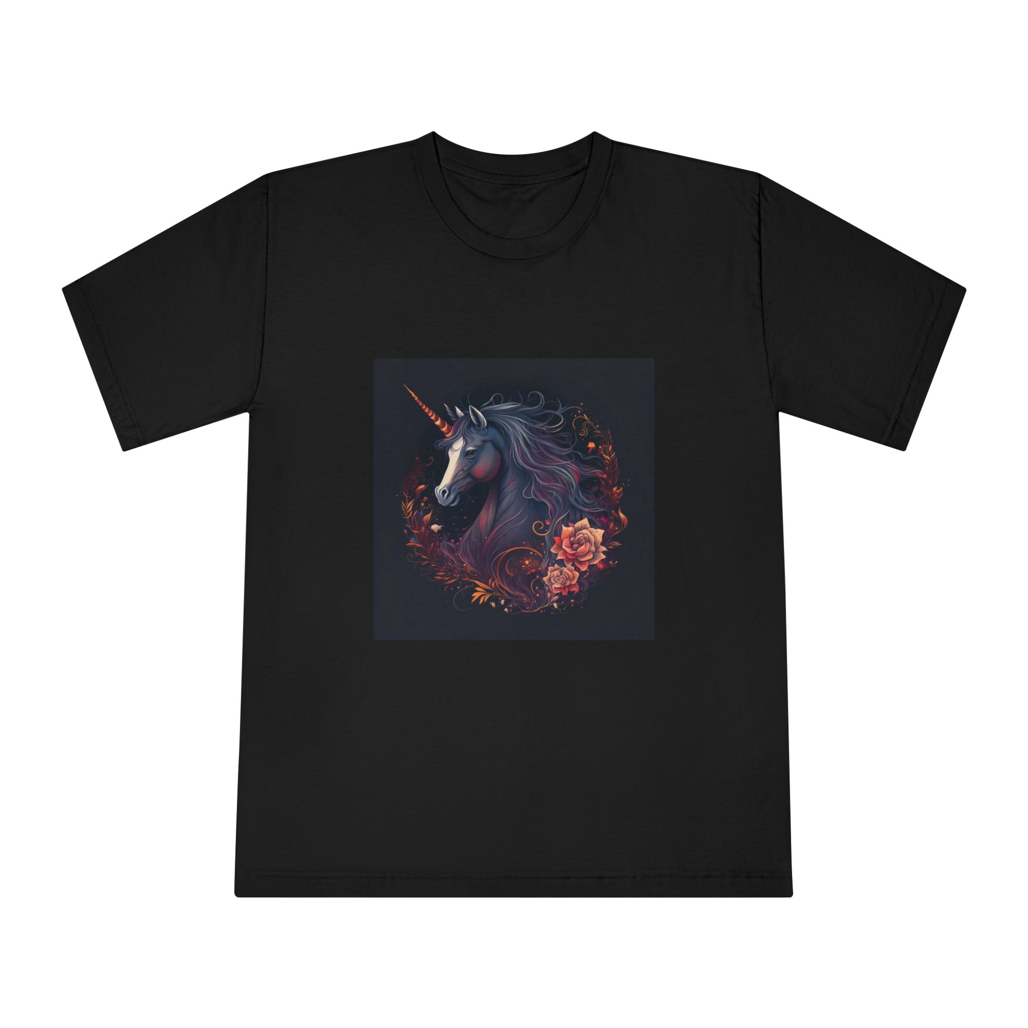Unicorn With Long Mane Flowers Dark Background Generative Ai Unisex Classic Crewneck T Shirt - Image 5