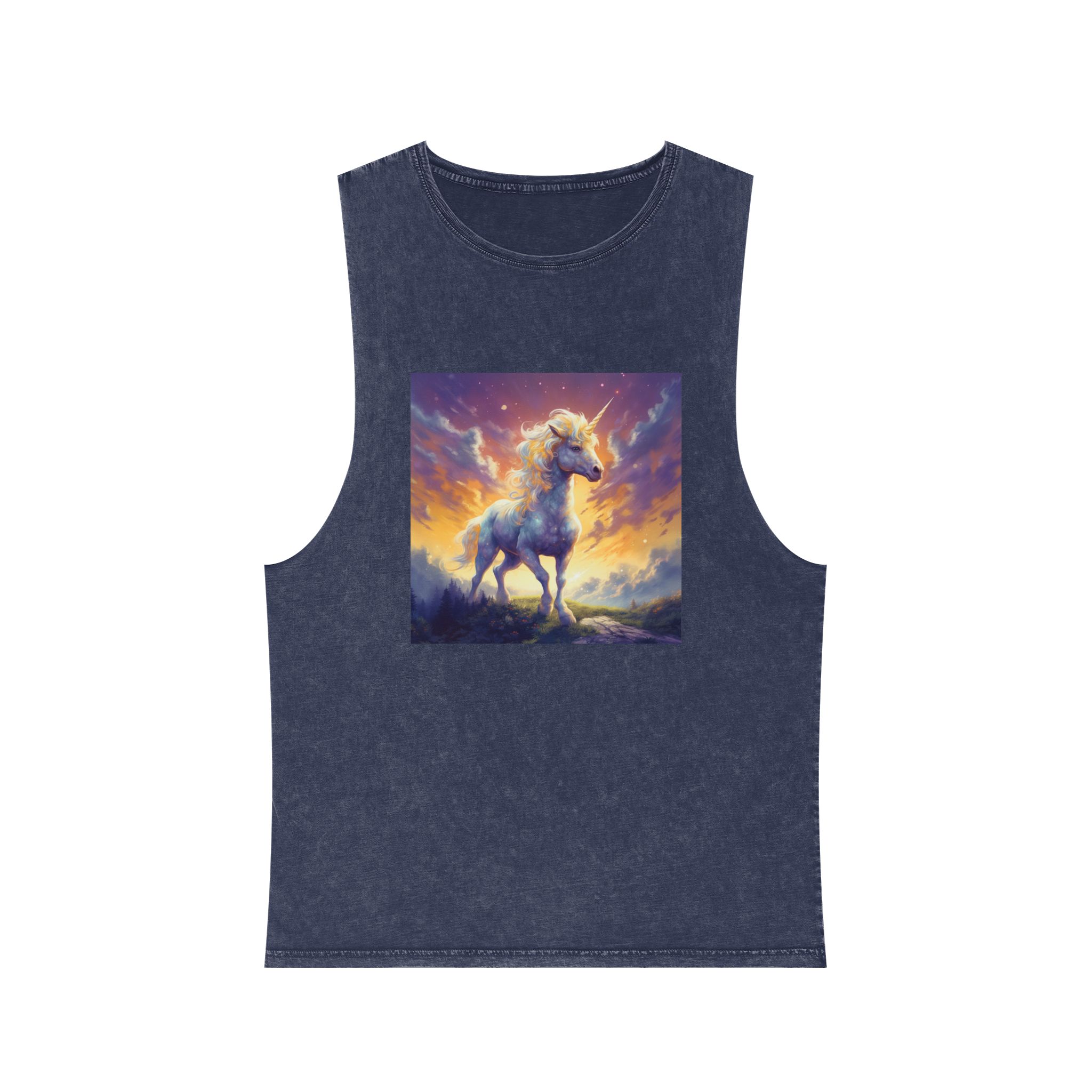 Painting Unicorn Standing Hill With Sunset Background Generative Ai Unisex Stonewash Tank Top - Image 13