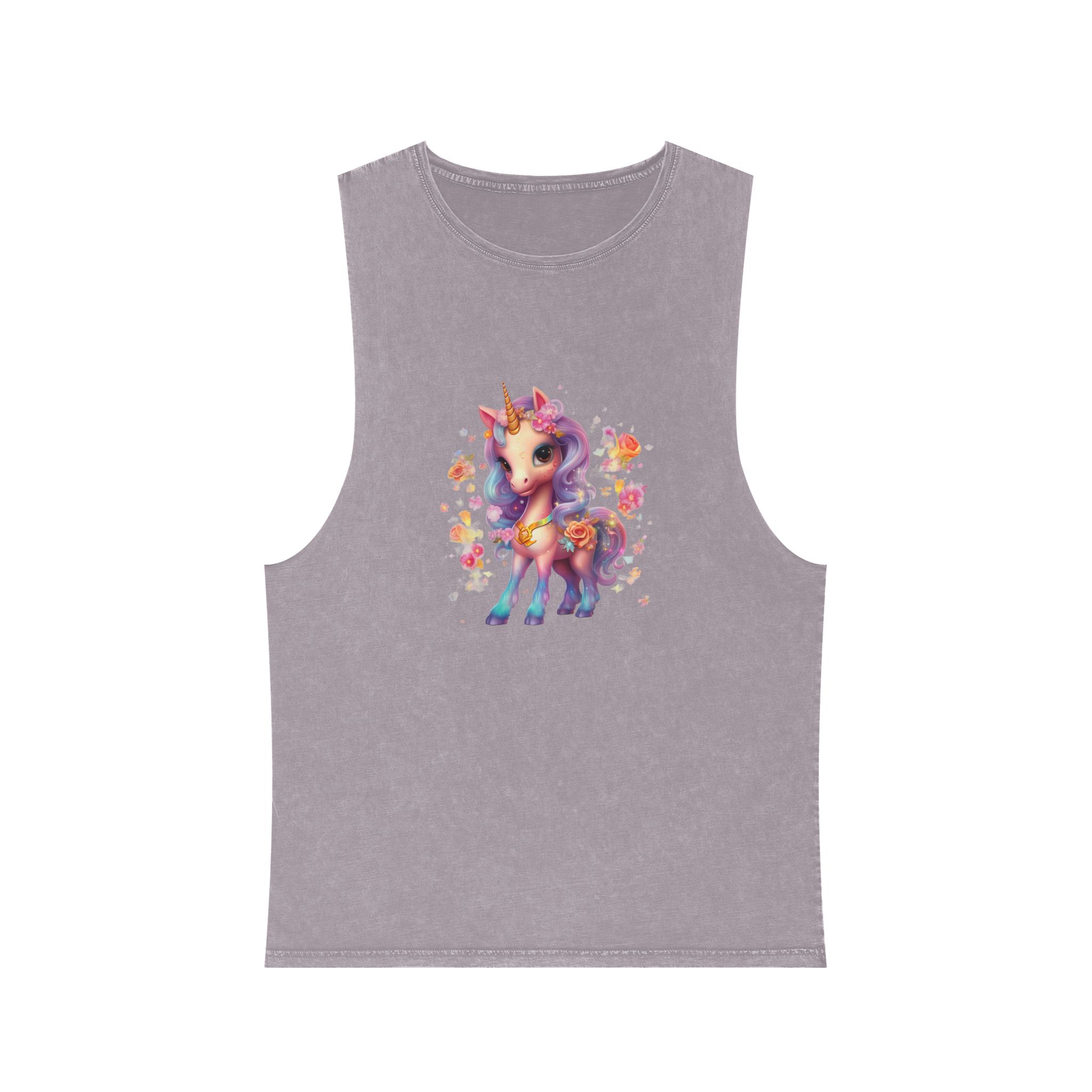 Illustration Unicorn Cartoon With Flower White Background Generative Ai (1) Unisex Stonewash Tank Top - Image 17