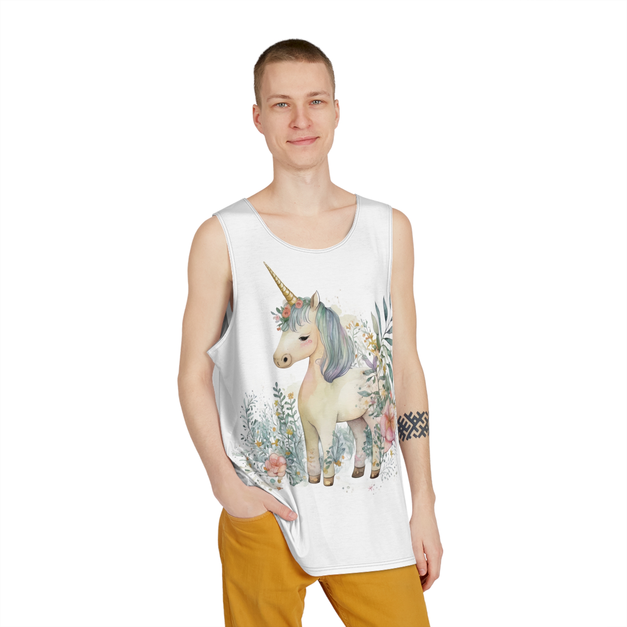 Watercolor Forest Cartoon Isolated Cute Baby Unicorn Animal Illustration Ai Generative Copy Mens Tank Aop - Image 3