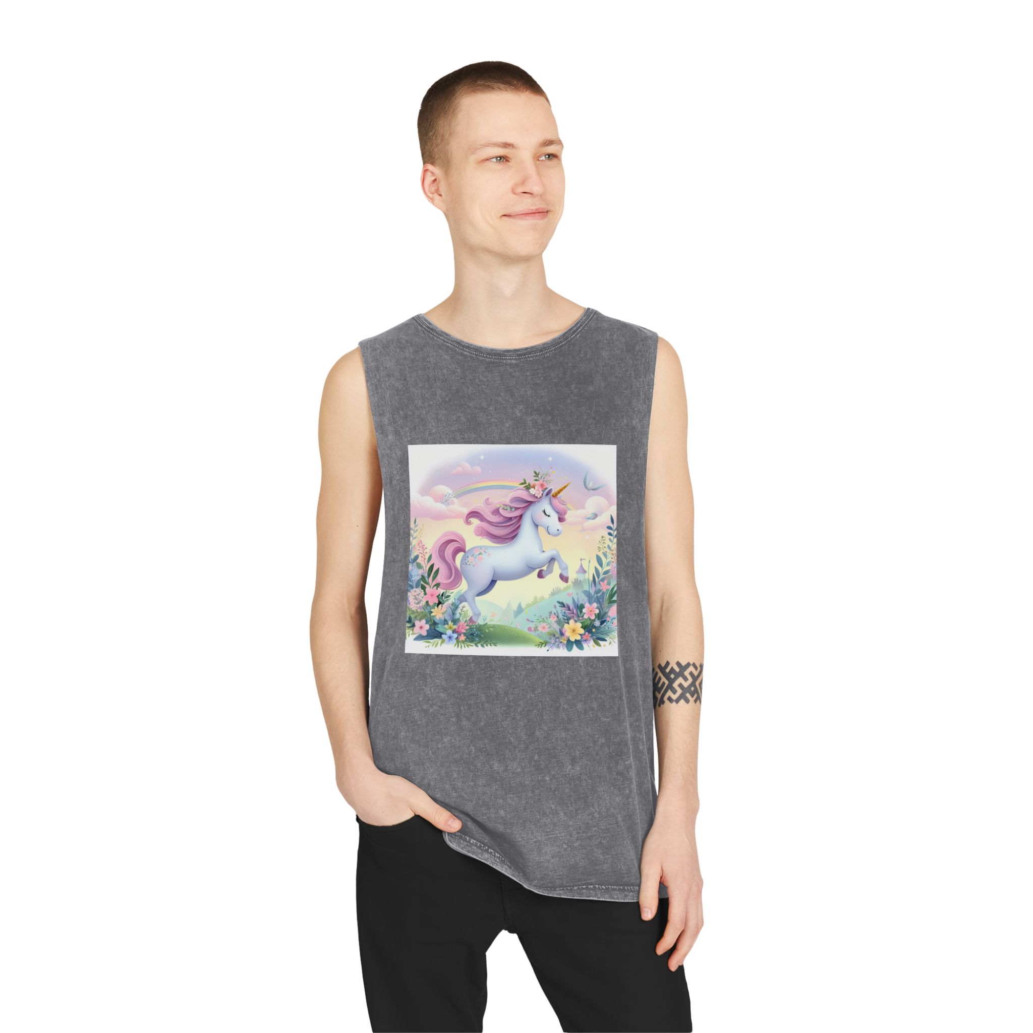 Beautiful Unicorn Running Magical Meadow Unicorn Background Images Whimsical Unicorn (11) Unisex Stonewash Tank Top - Image 11