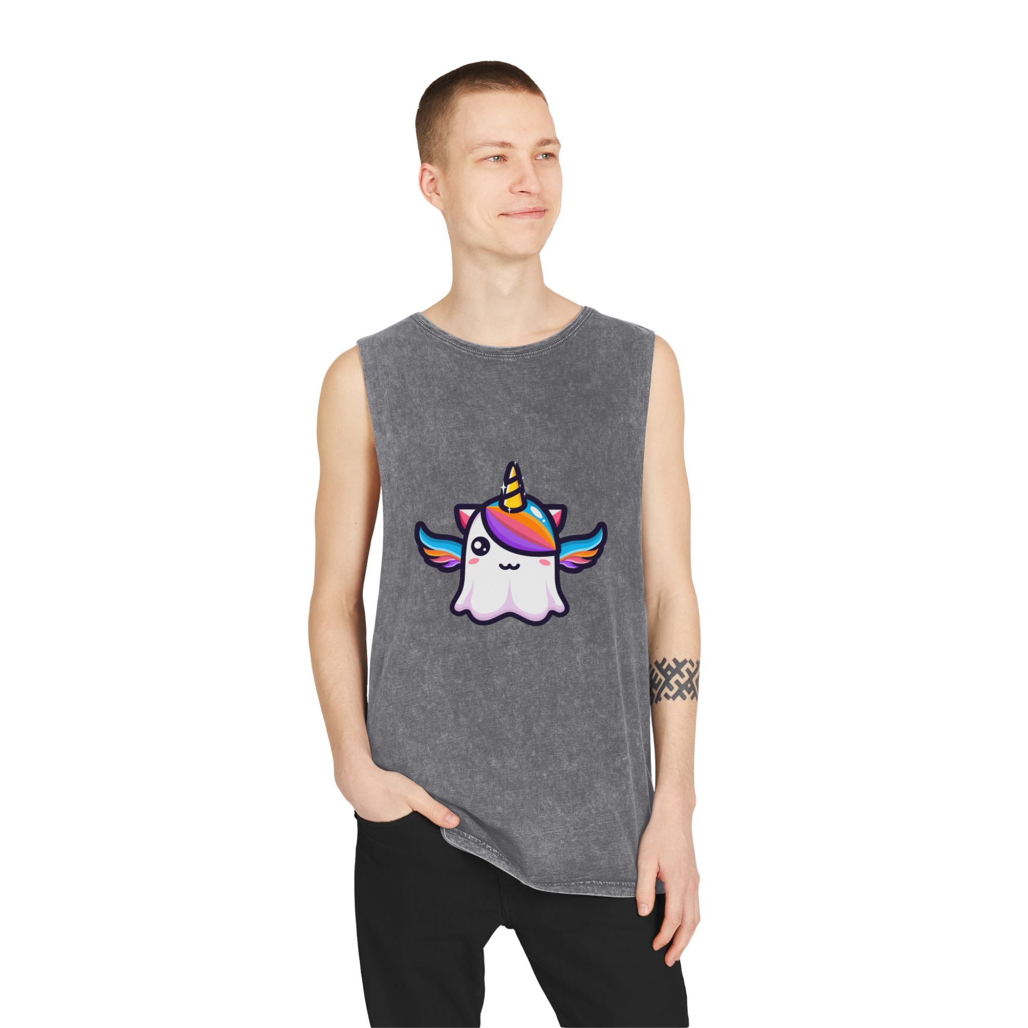 Cute Unicorn Ghost Character Design Unisex Stonewash Tank Top - Image 11