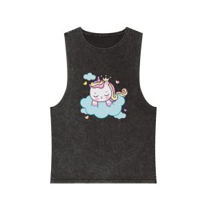 Cute Unicorn Princess Cartoon Sleep Cloud Kawaii Clipart Unisex Stonewash Tank Top