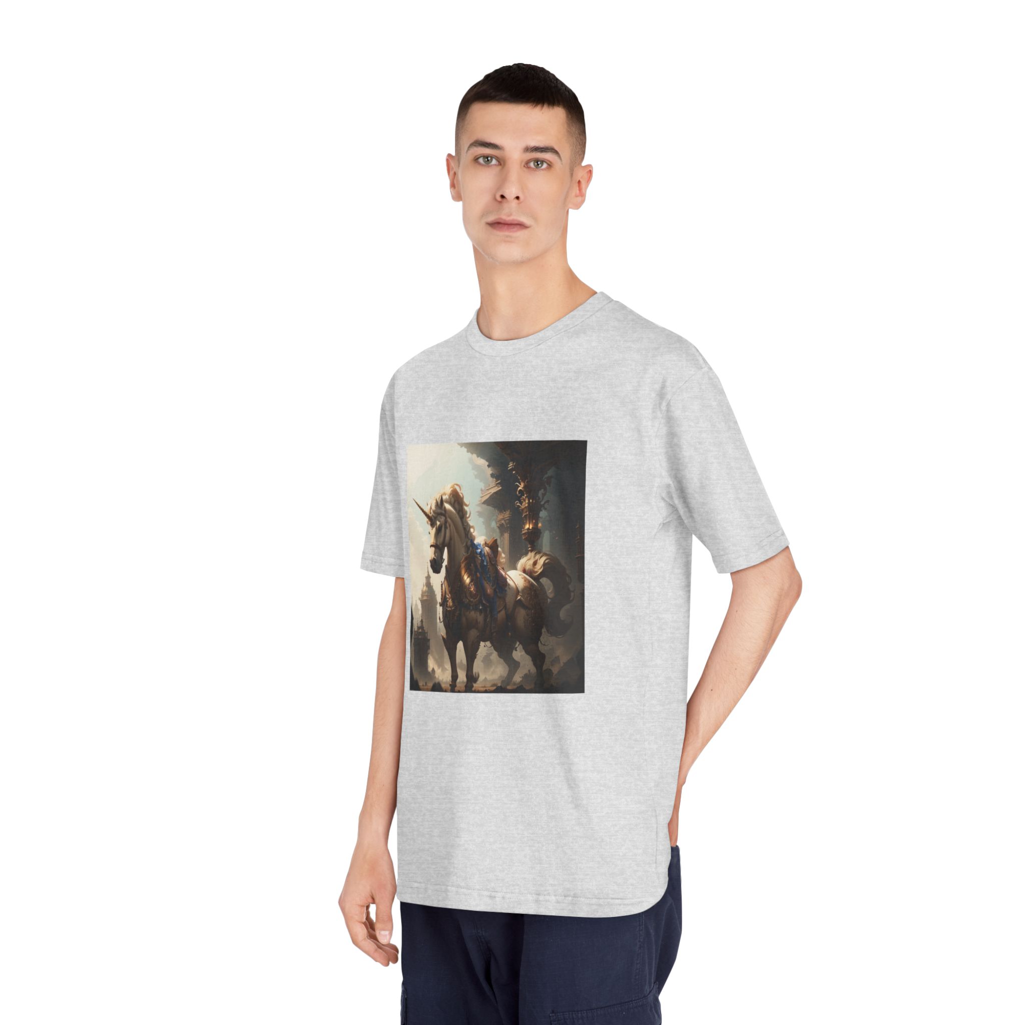 Unicorn With Sword Its Back Is Standing Front Building Unisex Classic Crewneck T Shirt - Image 16