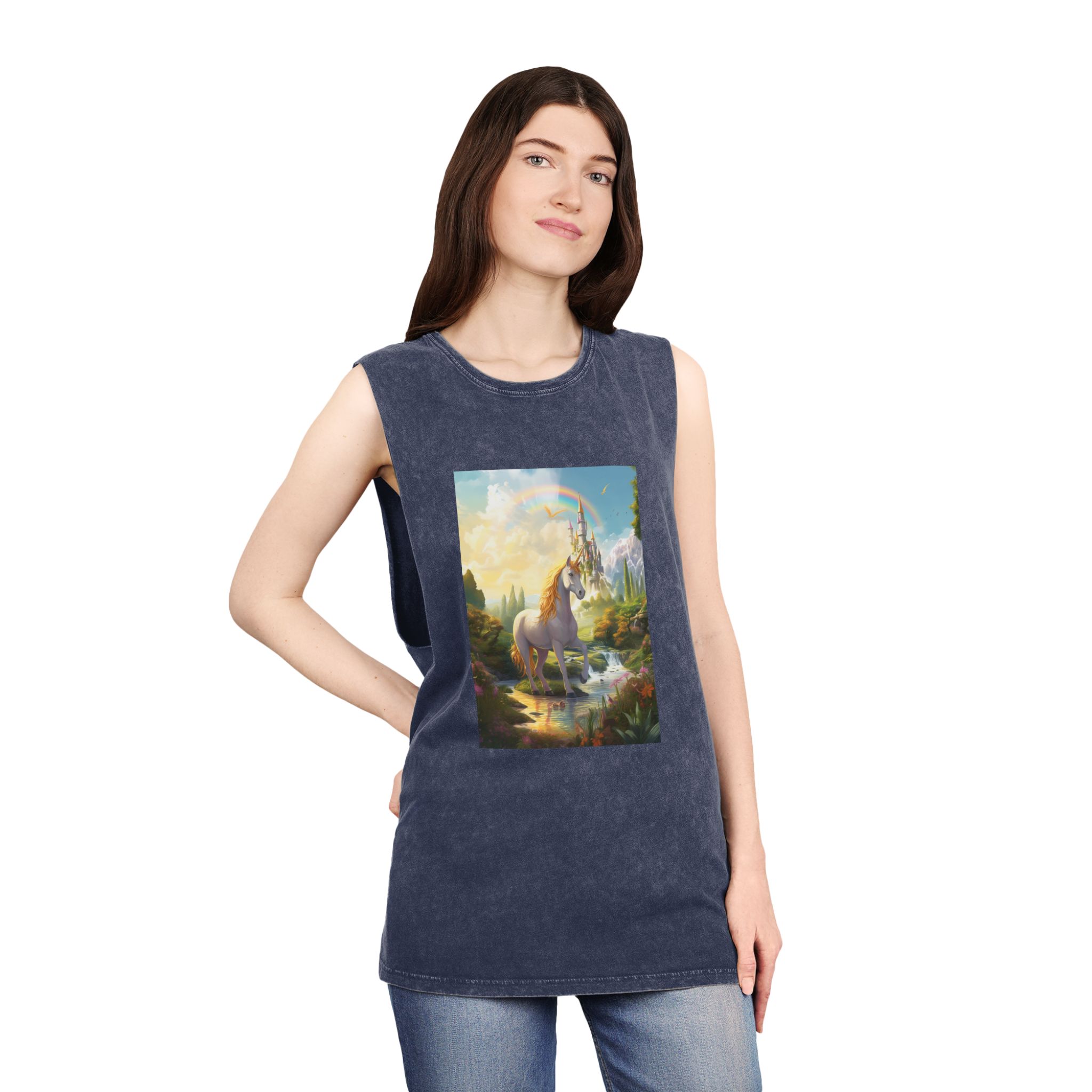 Painting Unicorn Fantasy Setting With Castle Background Generative Ai Unisex Stonewash Tank Top - Image 16