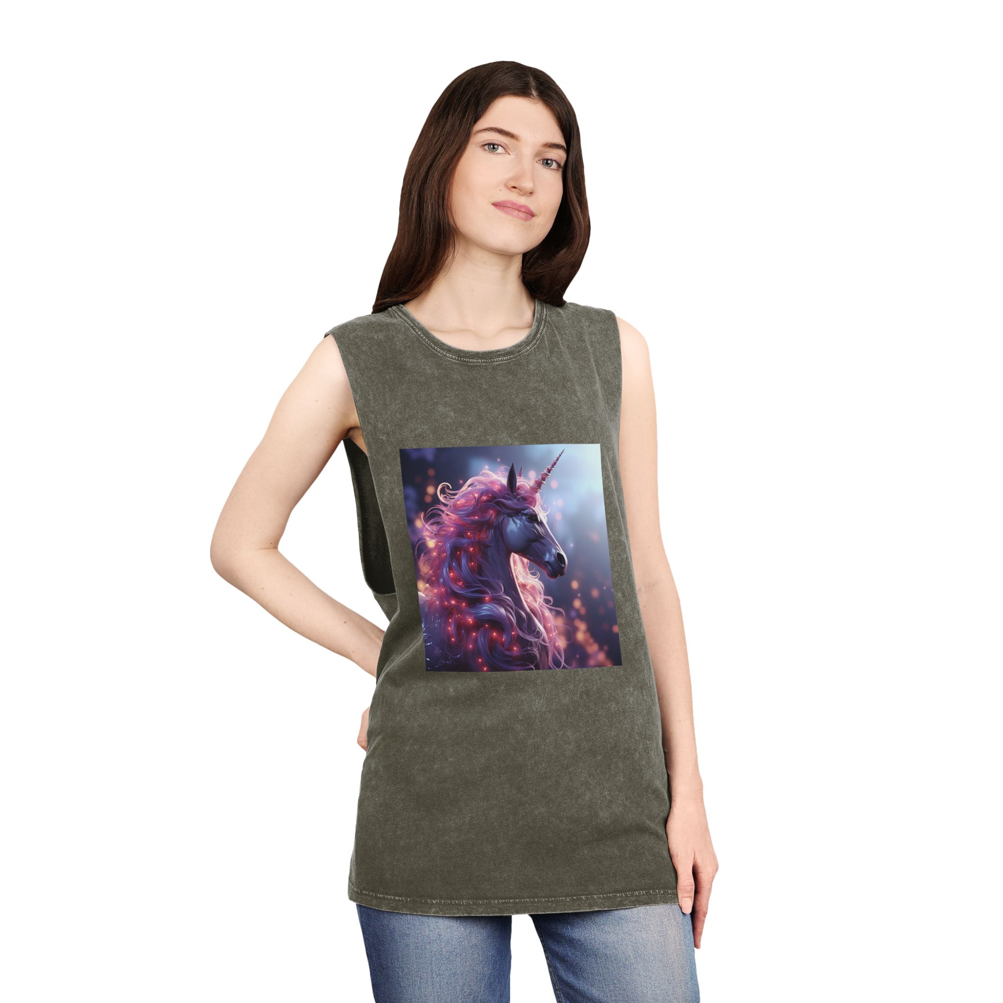 Pink 3d Mythical Unicorn With Lights Mane Unisex Stonewash Tank Top - Image 8