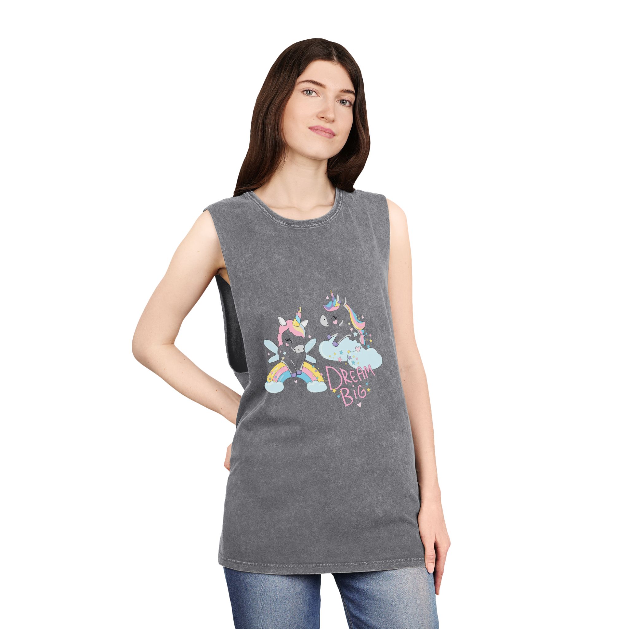 Cute Funny Unicorns Rainbow Beautiful Trend Baby Print Vector Illustration Dream Big Letters Unisex Stonewash Tank Top - Image 12
