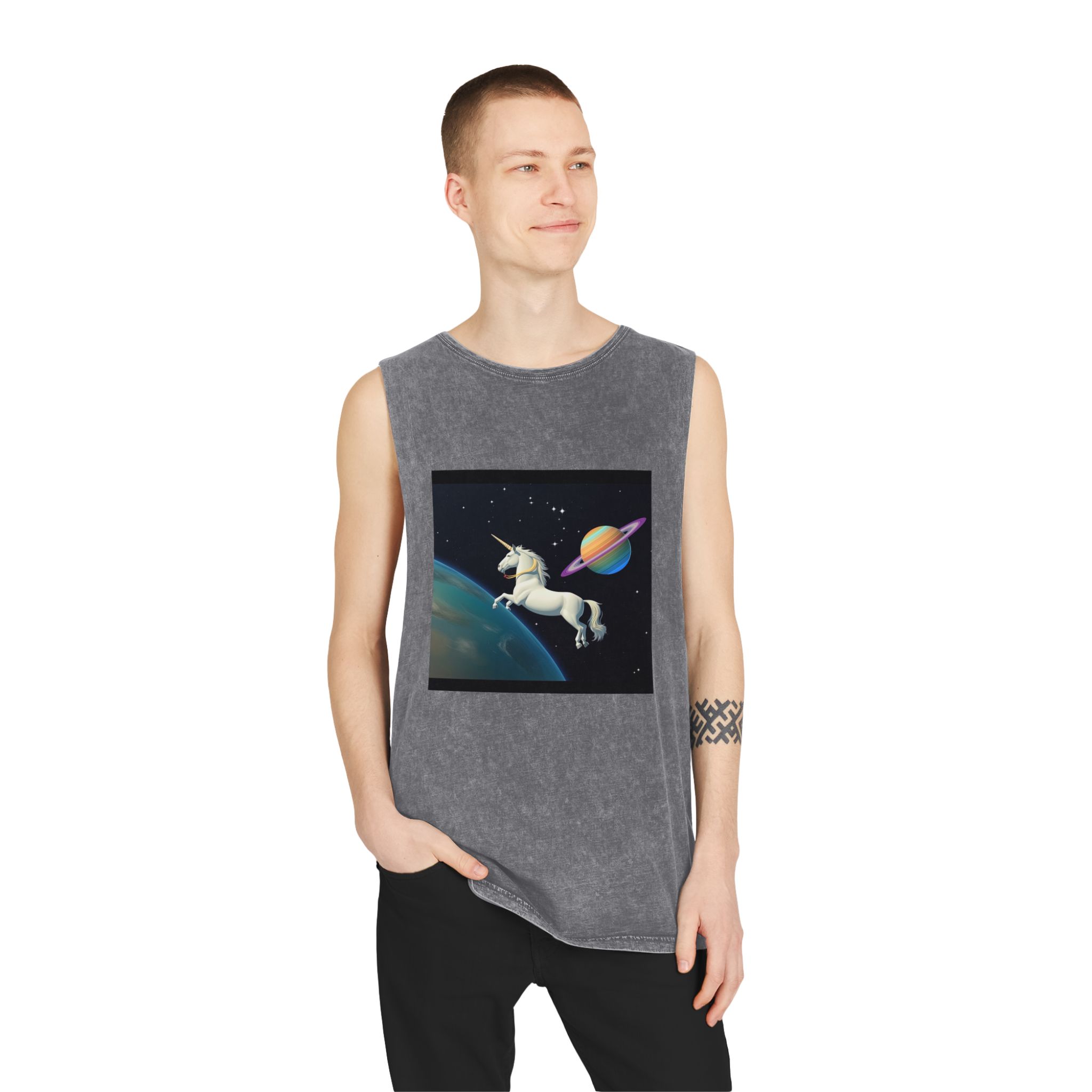 Picture White Unicorn With Rainbow It Unisex Stonewash Tank Top - Image 11