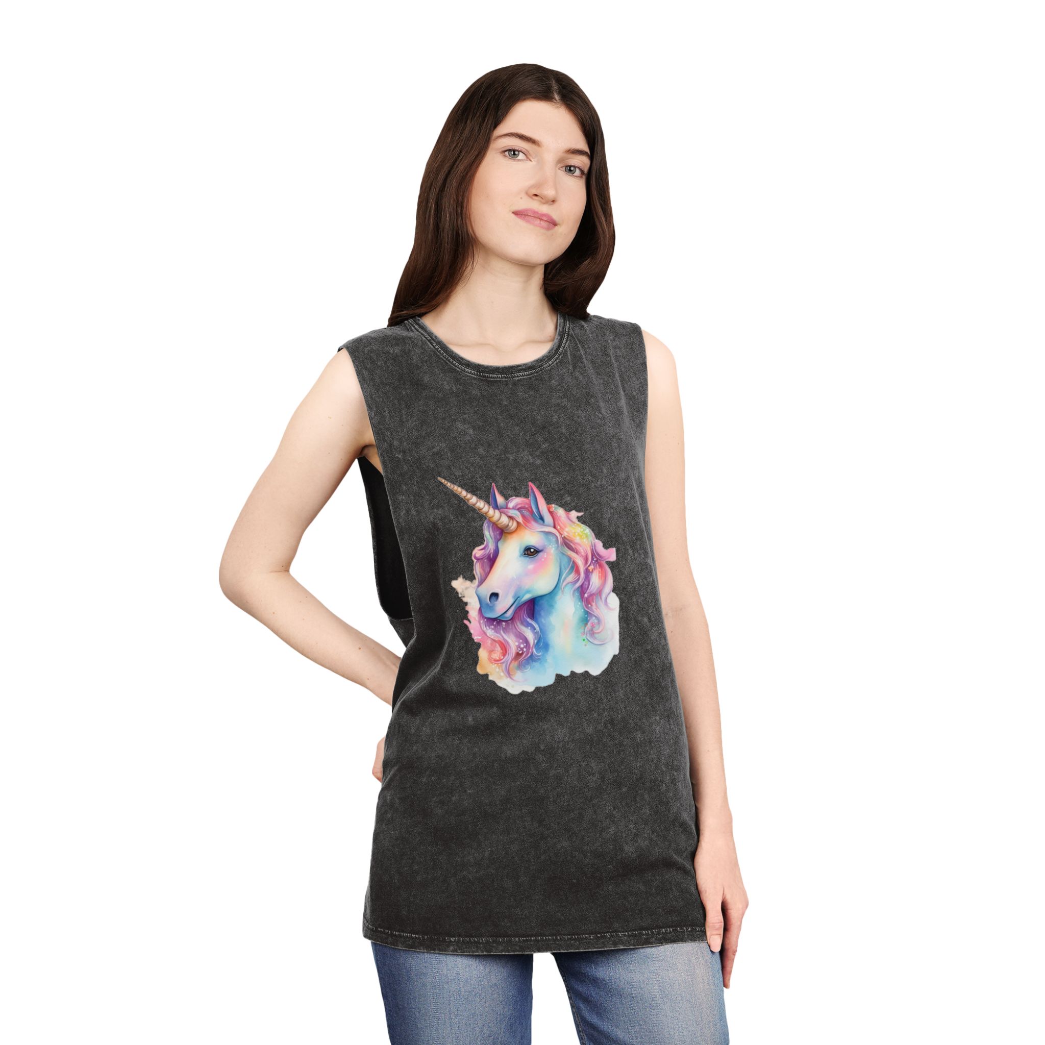 Painting Unicorn With Long Mane Colorful Mane Generative Ai Unisex Stonewash Tank Top - Image 4