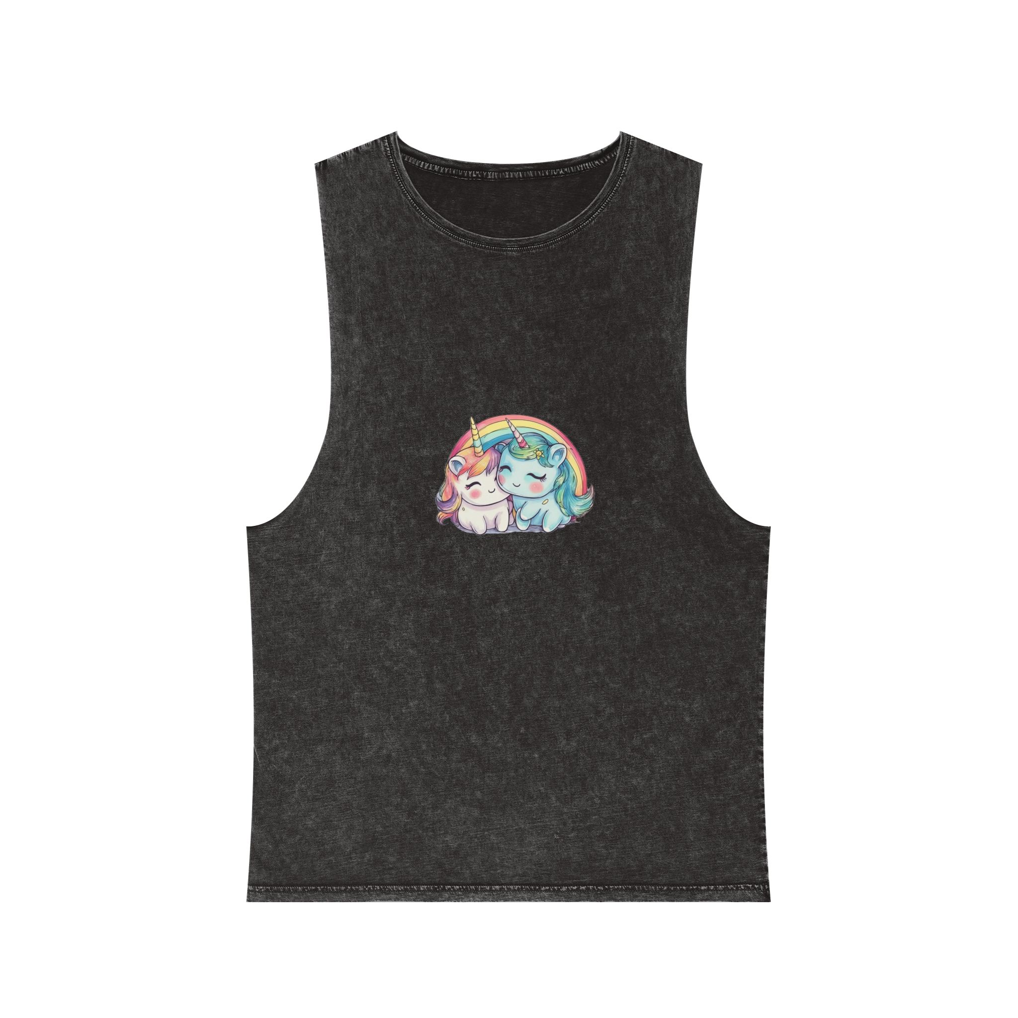 Pair Adorable Light Blue Pink Unicorns Isolated Rainbow Colors Background (1) Unisex Stonewash Tank Top