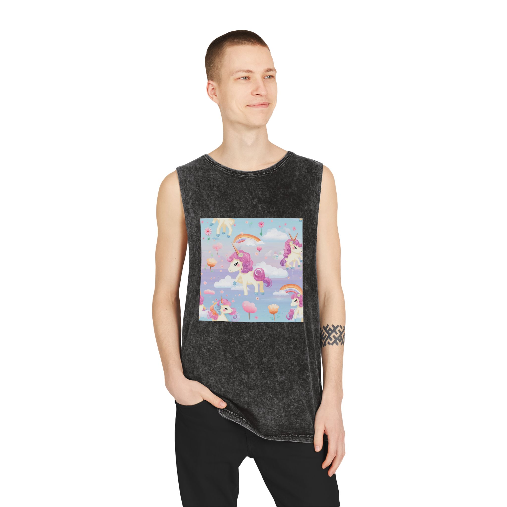 Playful Unicorns Flowers Clouds Rainbows Ice Creams Pastel Background (5) Unisex Stonewash Tank Top - Image 3