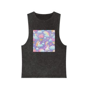 Playful Unicorns Flowers Clouds Rainbows Ice Creams Pastel Background (21) Unisex Stonewash Tank Top