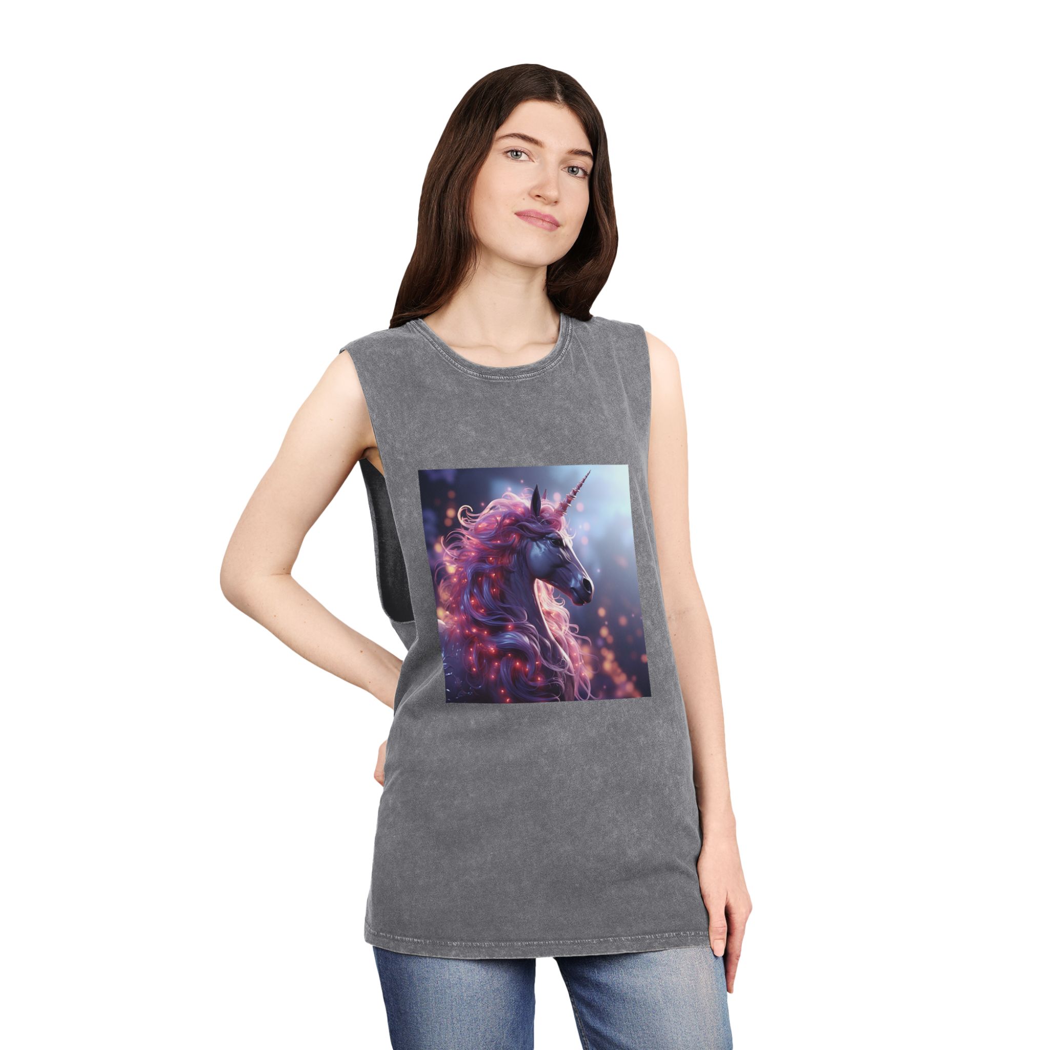 Pink 3d Mythical Unicorn With Lights Mane Unisex Stonewash Tank Top - Image 12