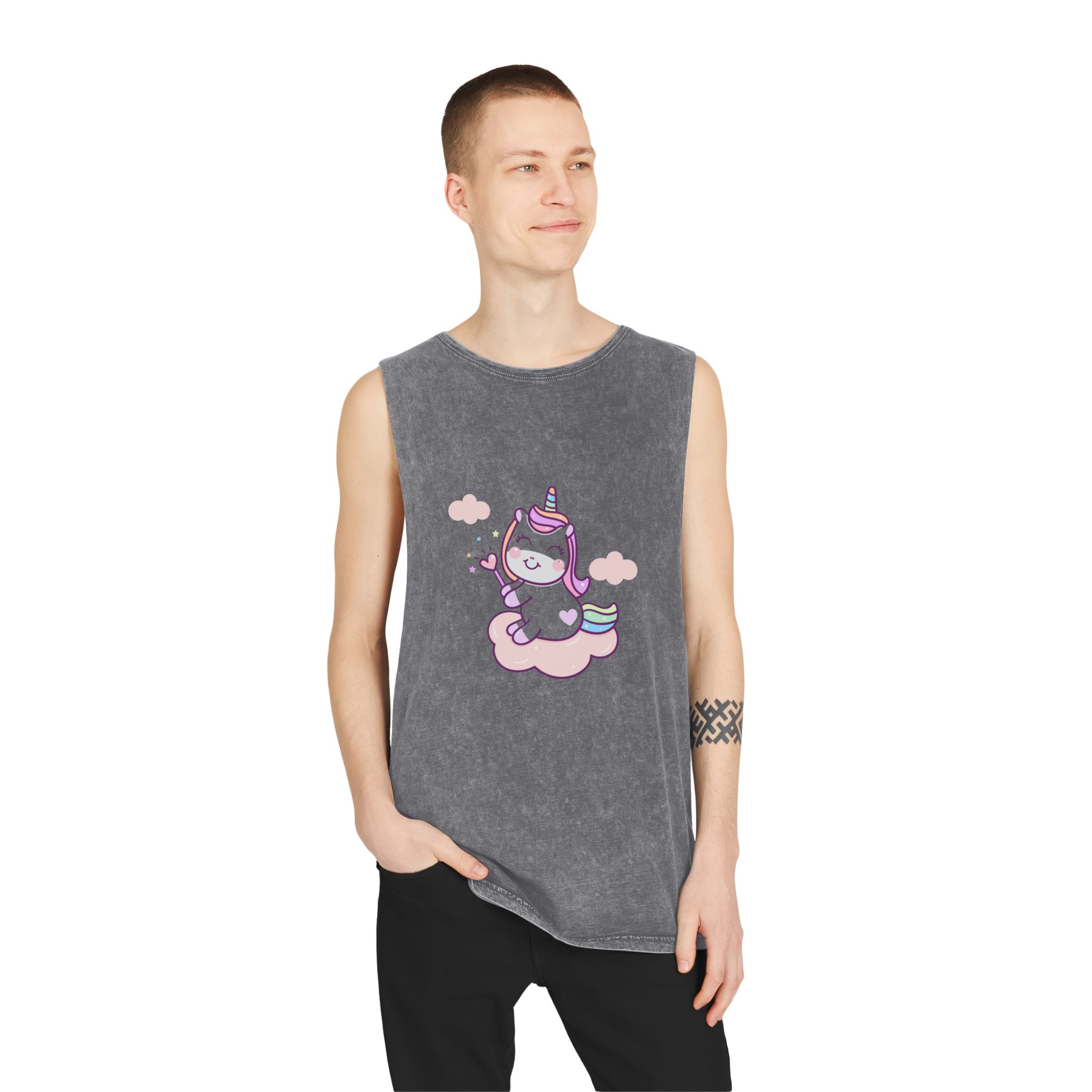 Cute Unicorn Vector Holding Heart Wand Cloud Unisex Stonewash Tank Top - Image 11